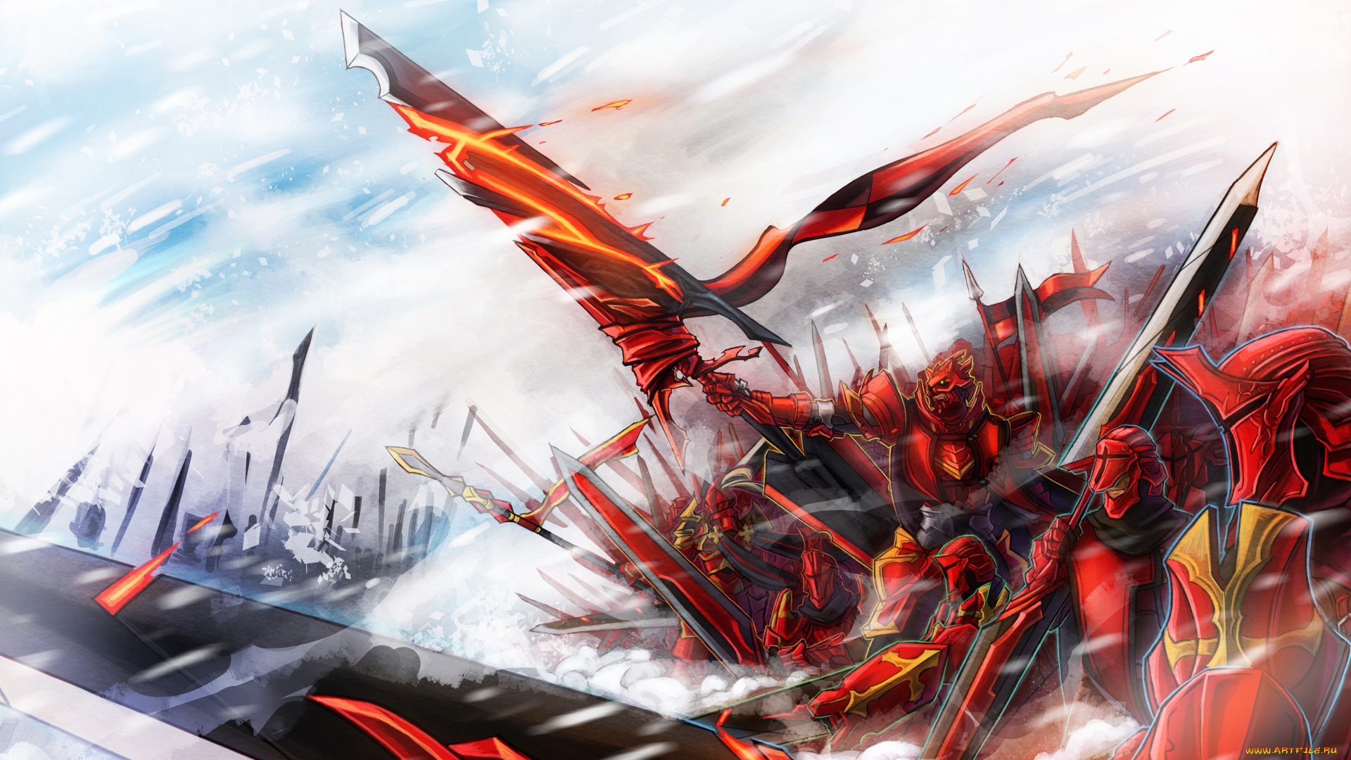 аниме, pixiv, fantasia, войско, воины, огонь, арт, todee, оружие, шлемы, pixiv, fantasia, доспехи