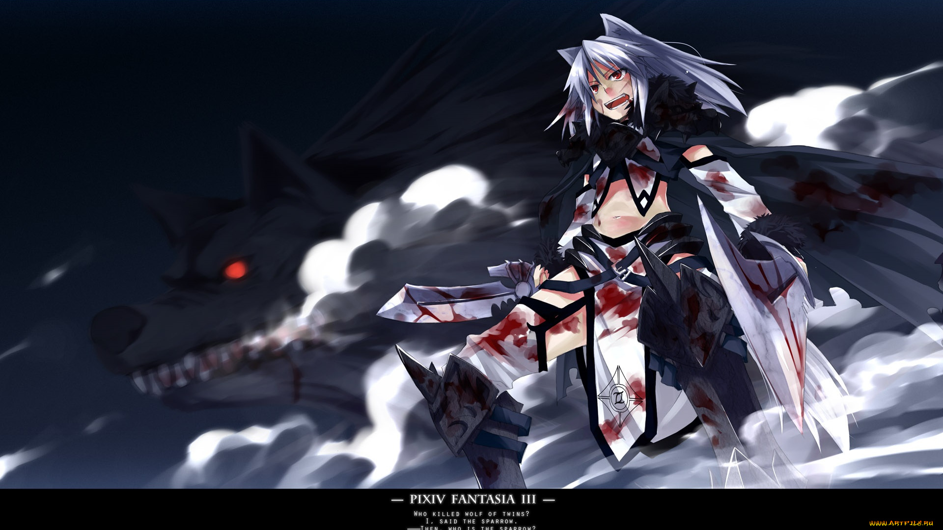 аниме, pixiv, fantasia, yuuki, eishi, pixiv, fantasia, девушка, кровь, оружие, волк, арт