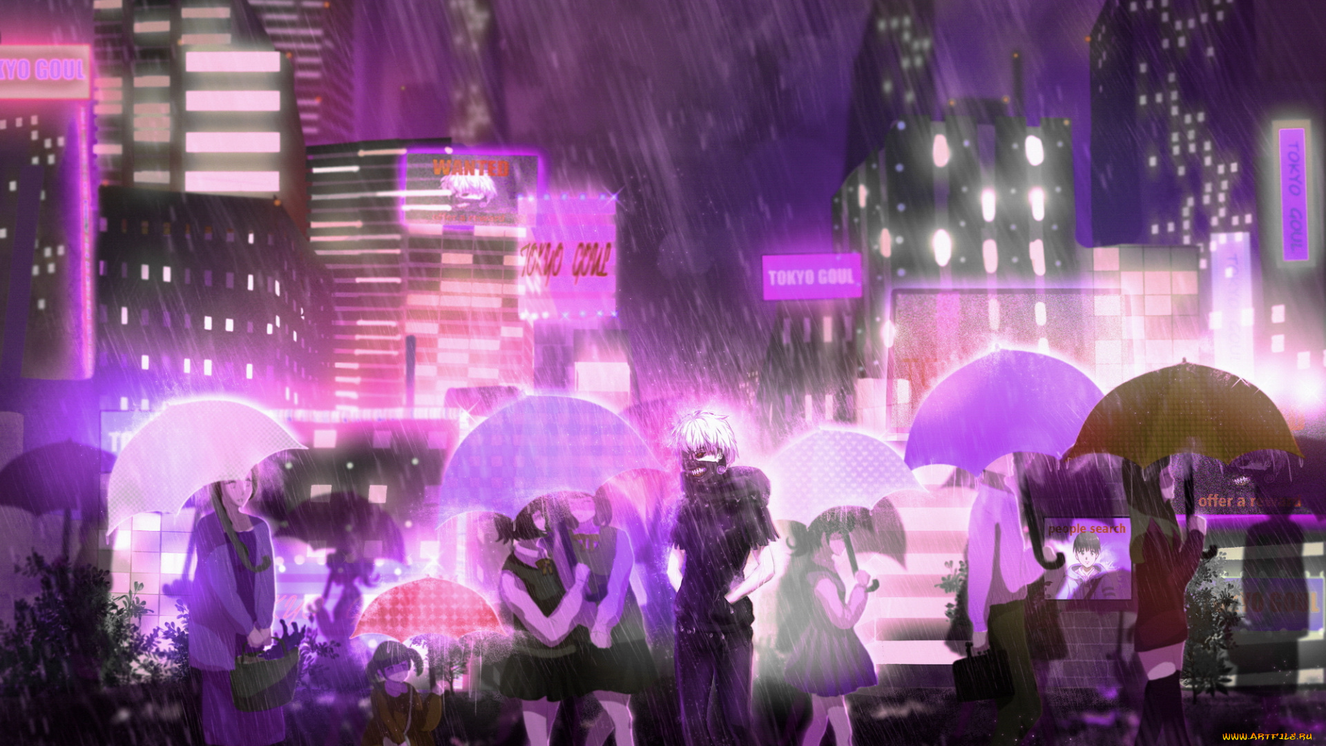 аниме, tokyo, ghoul, дождь, зонты, люди, город, kaneki, ken, tokyo, ghoul