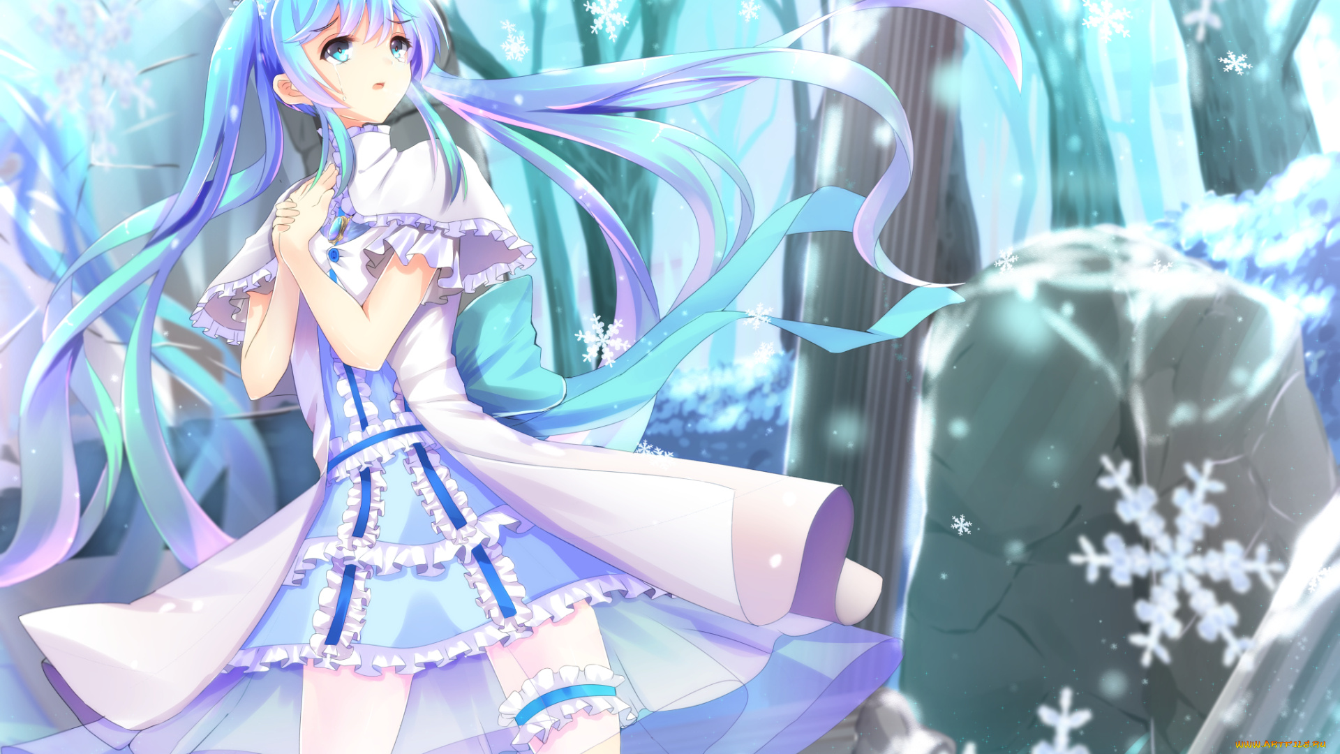 аниме, vocaloid, девушка, hatsune, miku, плачет, снежинки, зима, арт, слёзы, kurripu