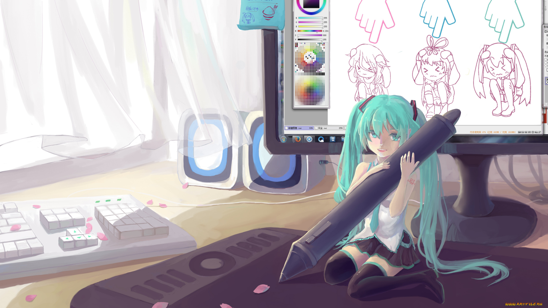 аниме, vocaloid, painttool, sai, hatsune, miku, девушка, монитор, арт, карандаш, редактор