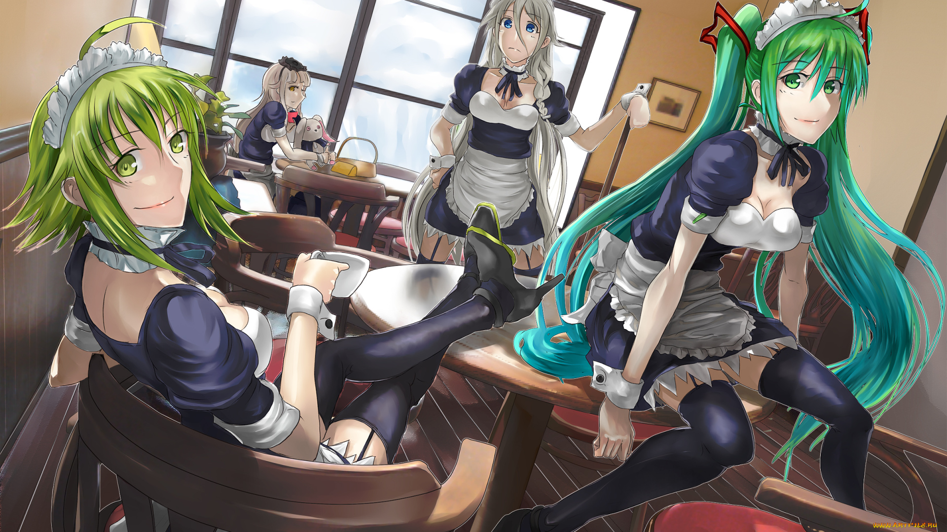 аниме, vocaloid, yuki, tarou, девушки, горничные, mayu, арт, hatsune, miku, gumi, окно, кафе, ia