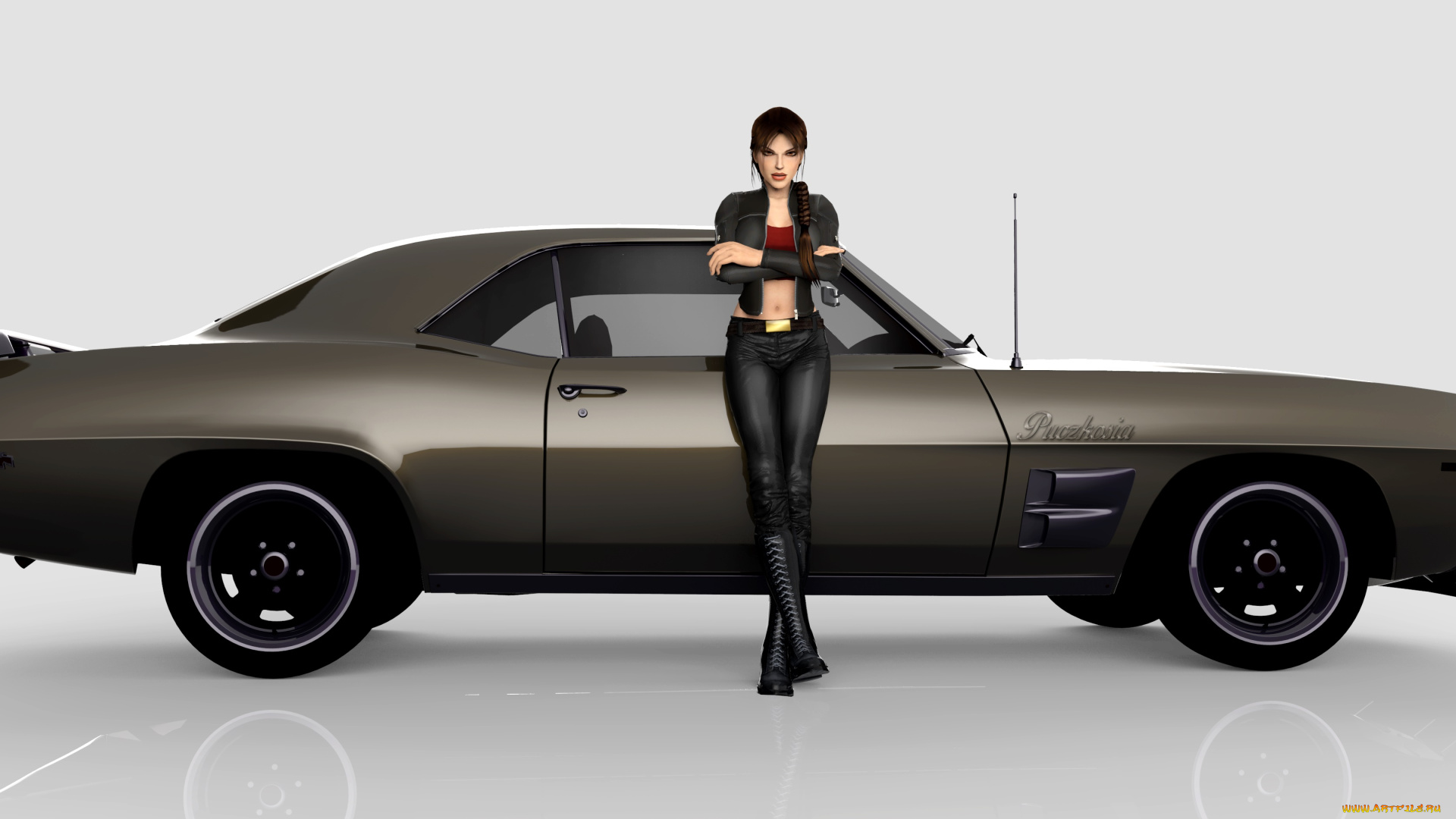 автомобили, 3d, car&girl, фон, взгляд, девушка, автомобиль