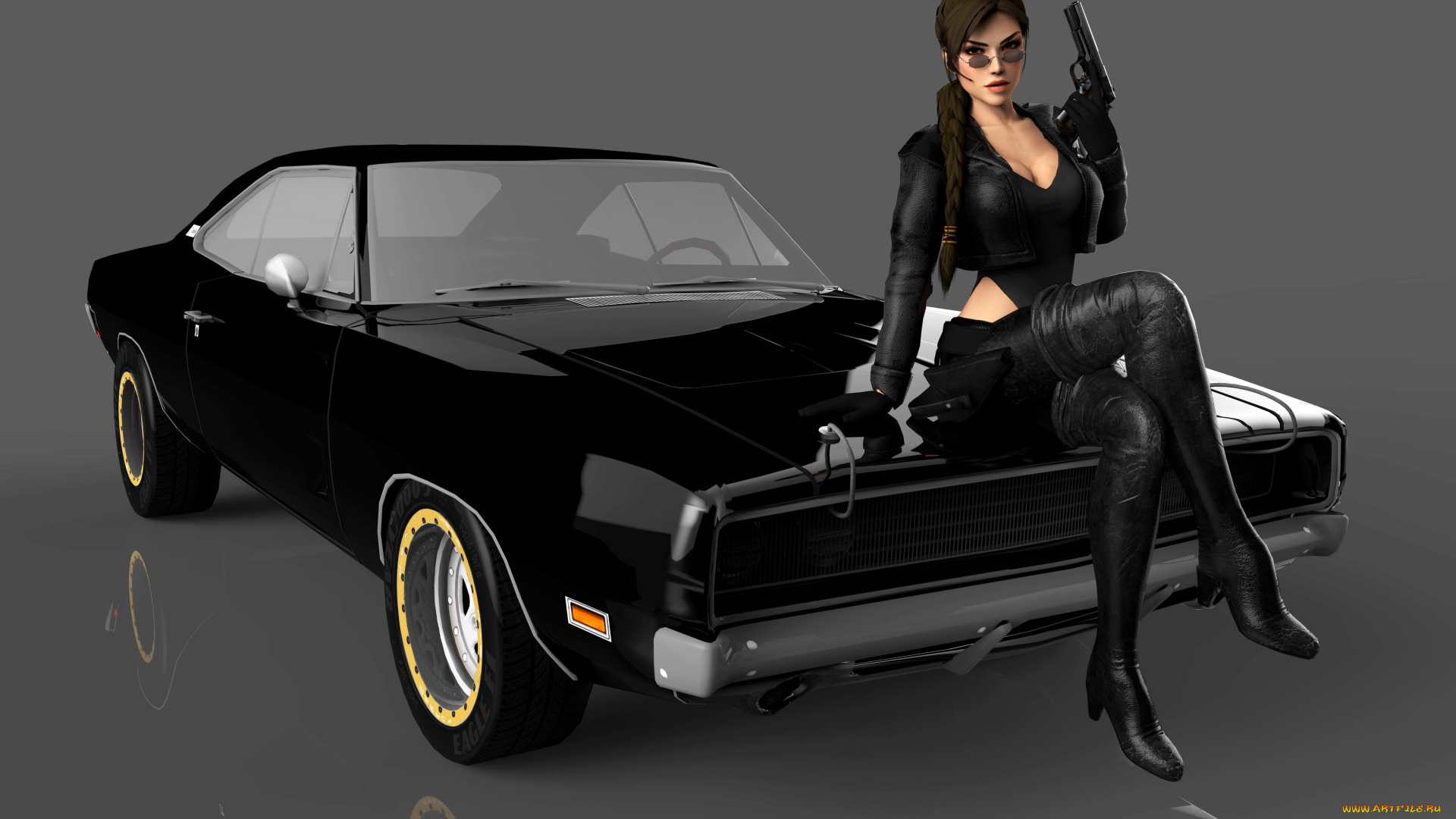 автомобили, 3d, car&girl, оружие, автомобиль, фон, взгляд, девушка