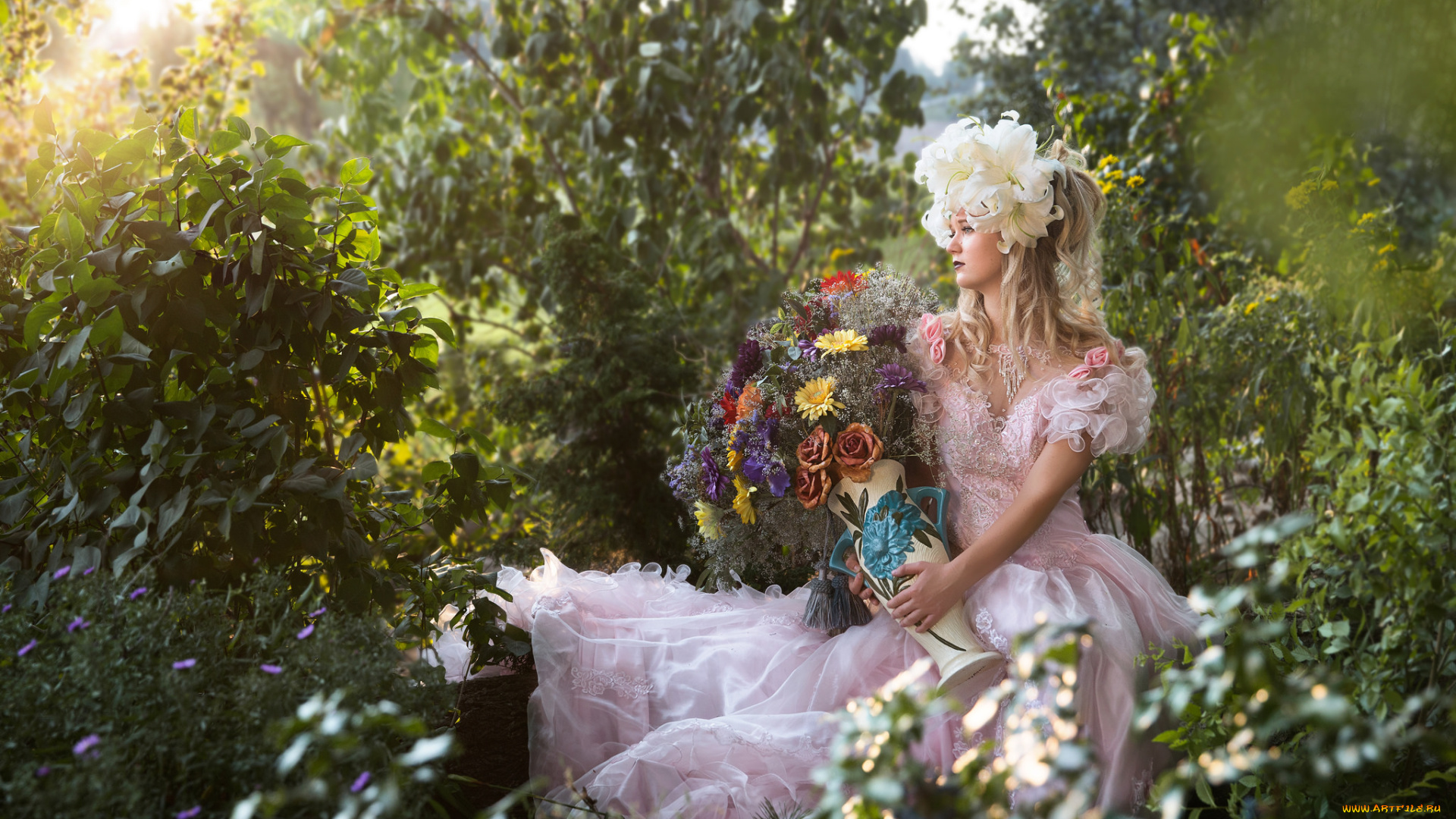 девушки, -unsort, , блондинки, цветы, ваза, букет, девушка, лето, растения