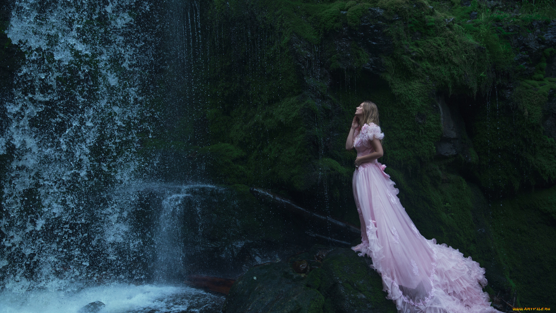 девушки, -unsort, , блондинки, девушка, волопад, розовое, платье, скала, блондинка