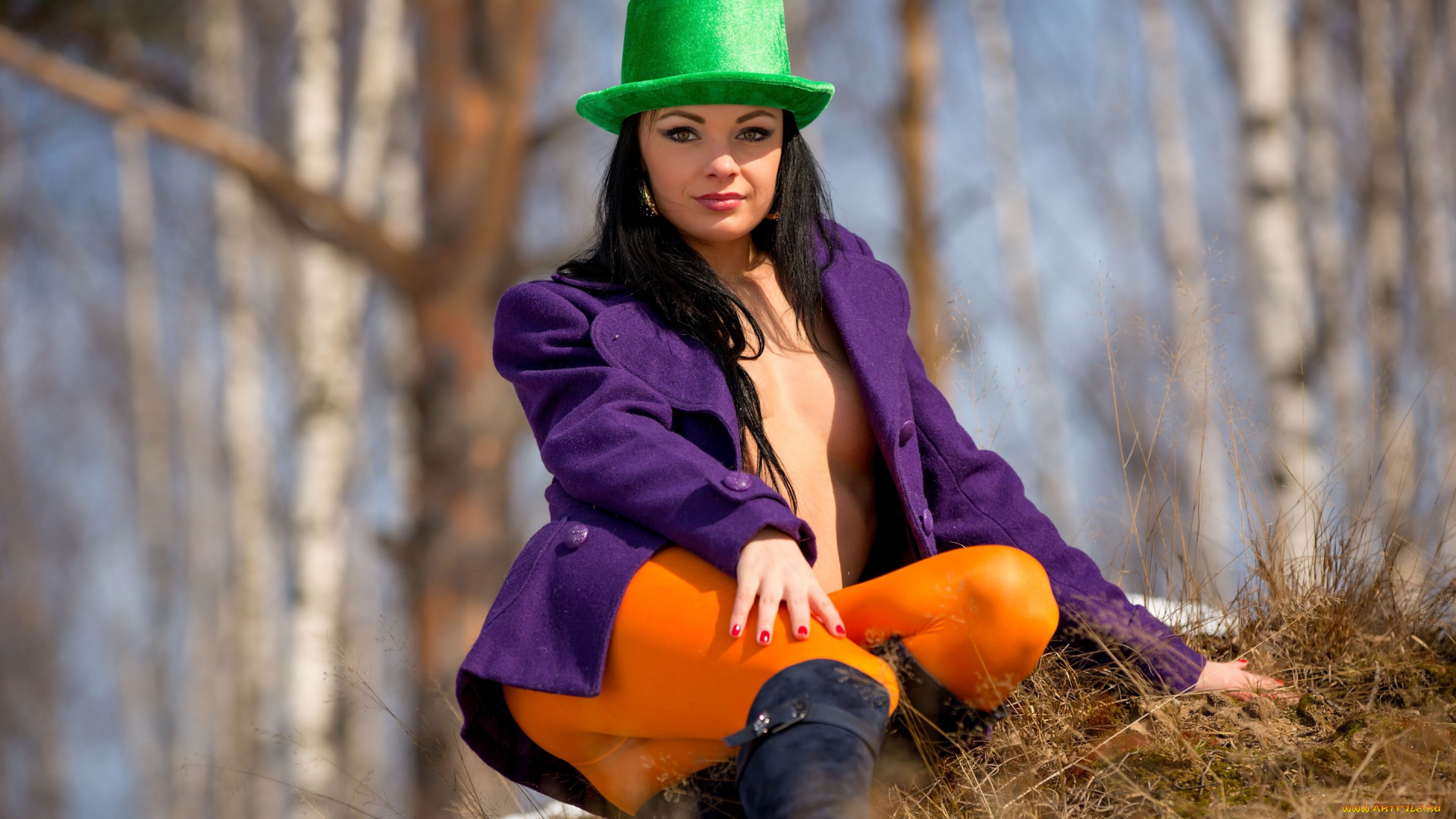 девушки, -unsort, , брюнетки, , шатенки, взгляд, шляпа, девушка, деревья, лес