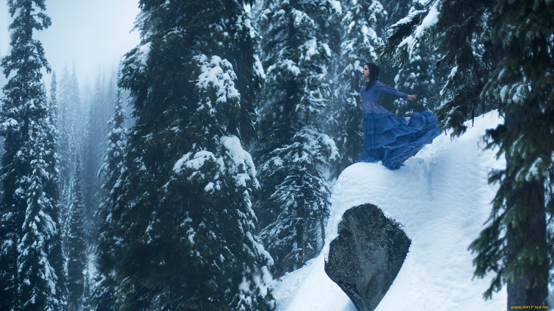 девушки, -unsort, , брюнетки, , шатенки, зима, ели, деревья, снег, синее, платье, девушка