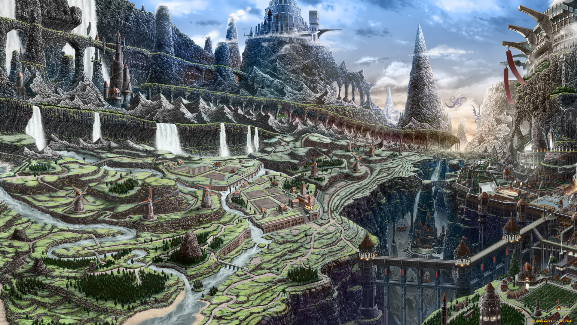 фэнтези, иные, миры, , иные, времена, дракон, водопады, арт, nagi, itsuki, город, горы, пейзаж, реки