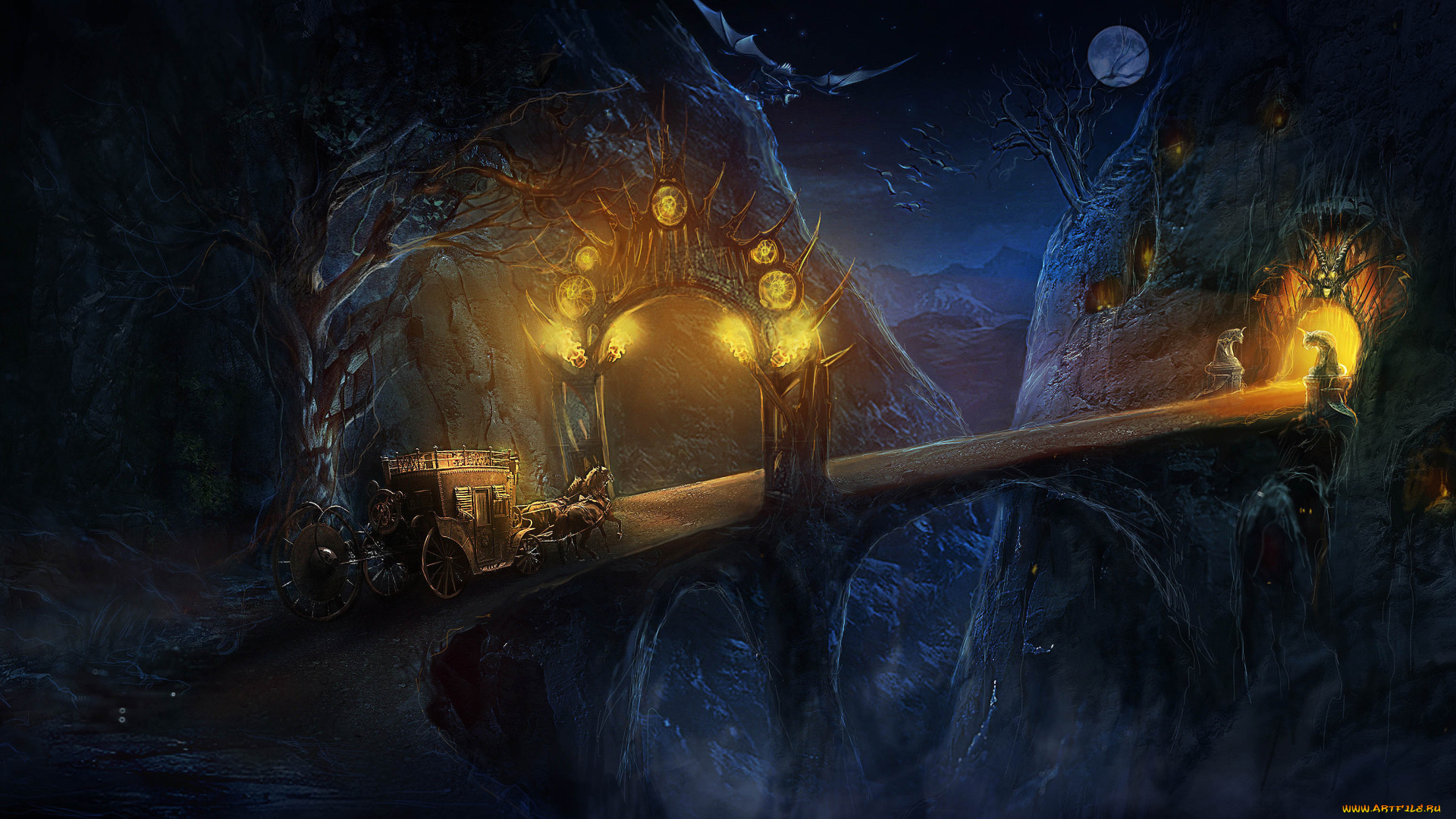 фэнтези, иные, миры, , иные, времена, луна, огни, карета, арт, alexandra, kuznetsova, ночь, мост, кони, горы