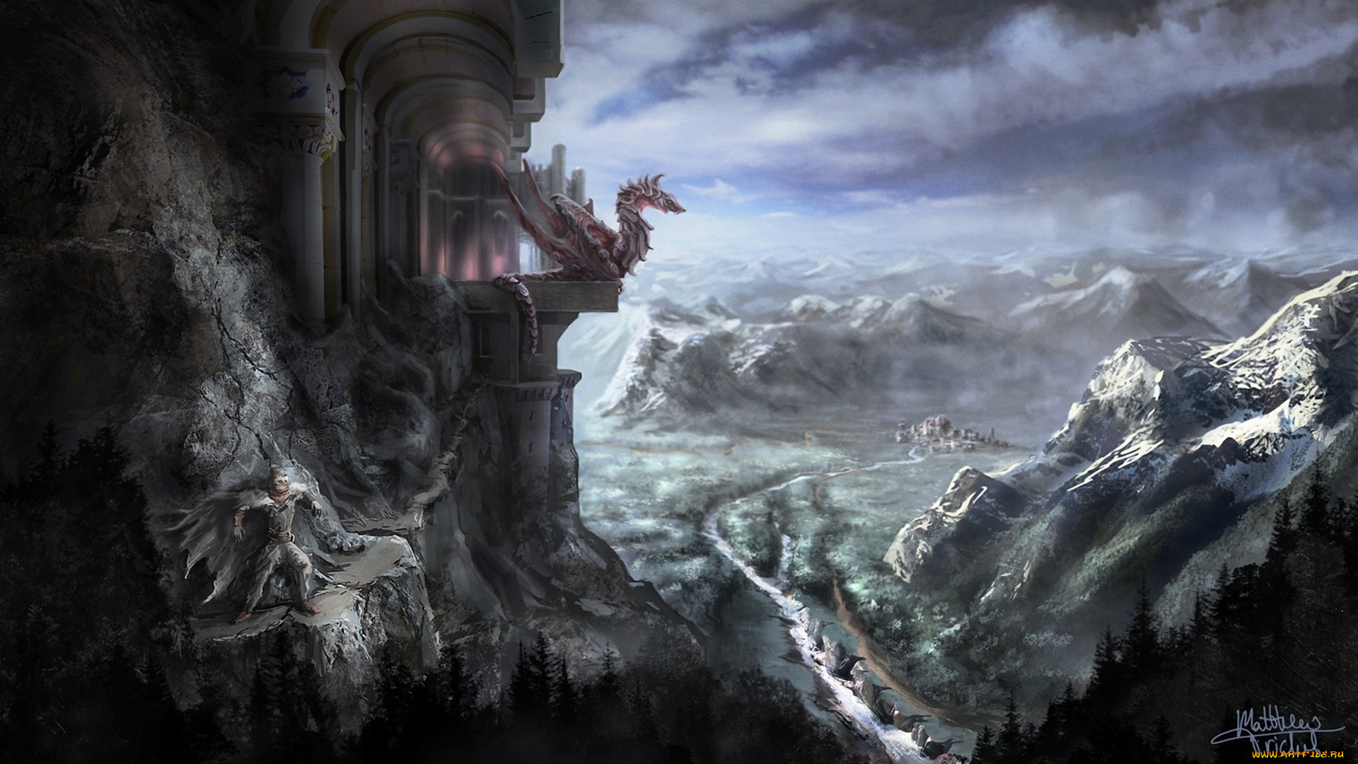 фэнтези, пейзажи, дракон, скалы, парень, долина, город, замок, горы, арт