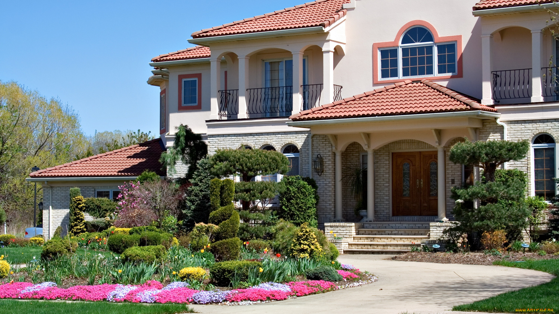 города, -, здания, , дома, цветы, кусты, клумбы, ландшафт, дом, особняк