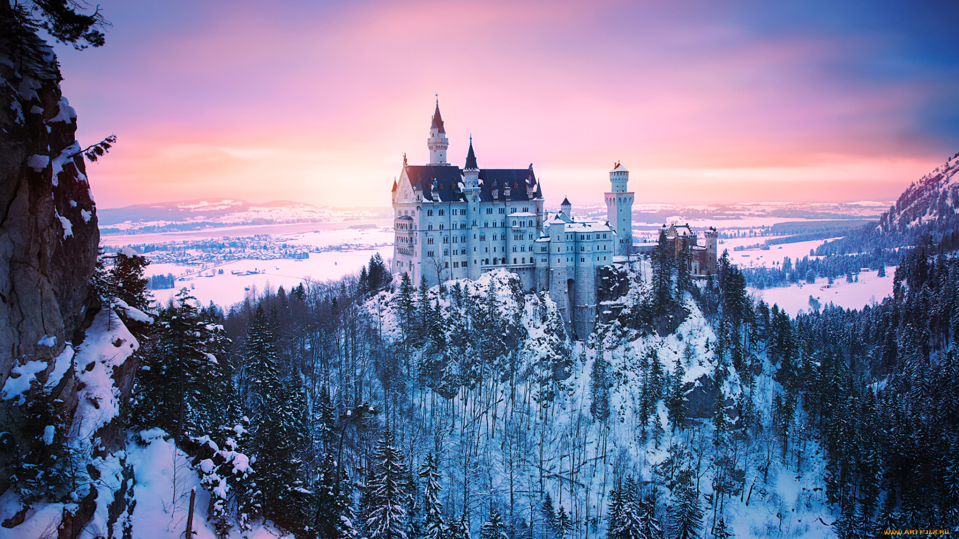 города, замок, нойшванштайн, , германия, бавария, свет, снег, зима, замок, нойшванштайн