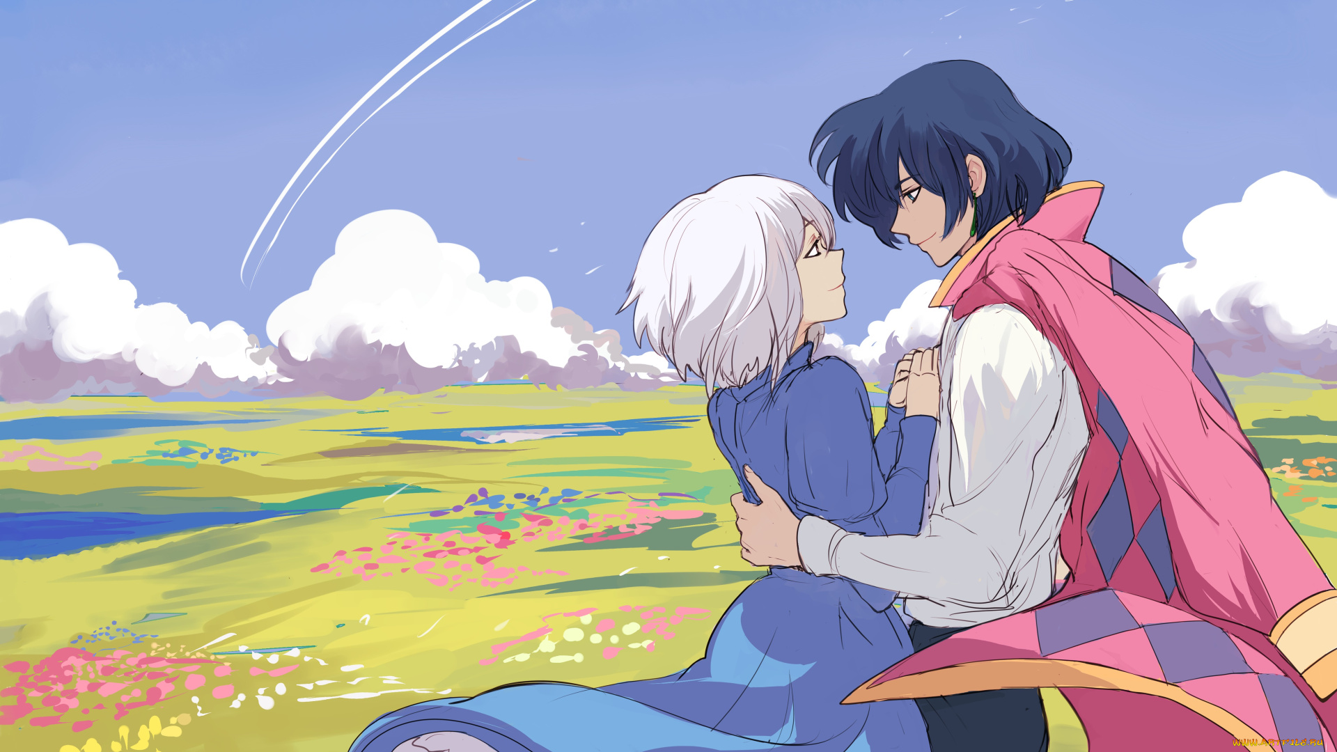 howl`s, moving, castle, аниме, фон, взгляд, девушка, пейзаж, парень