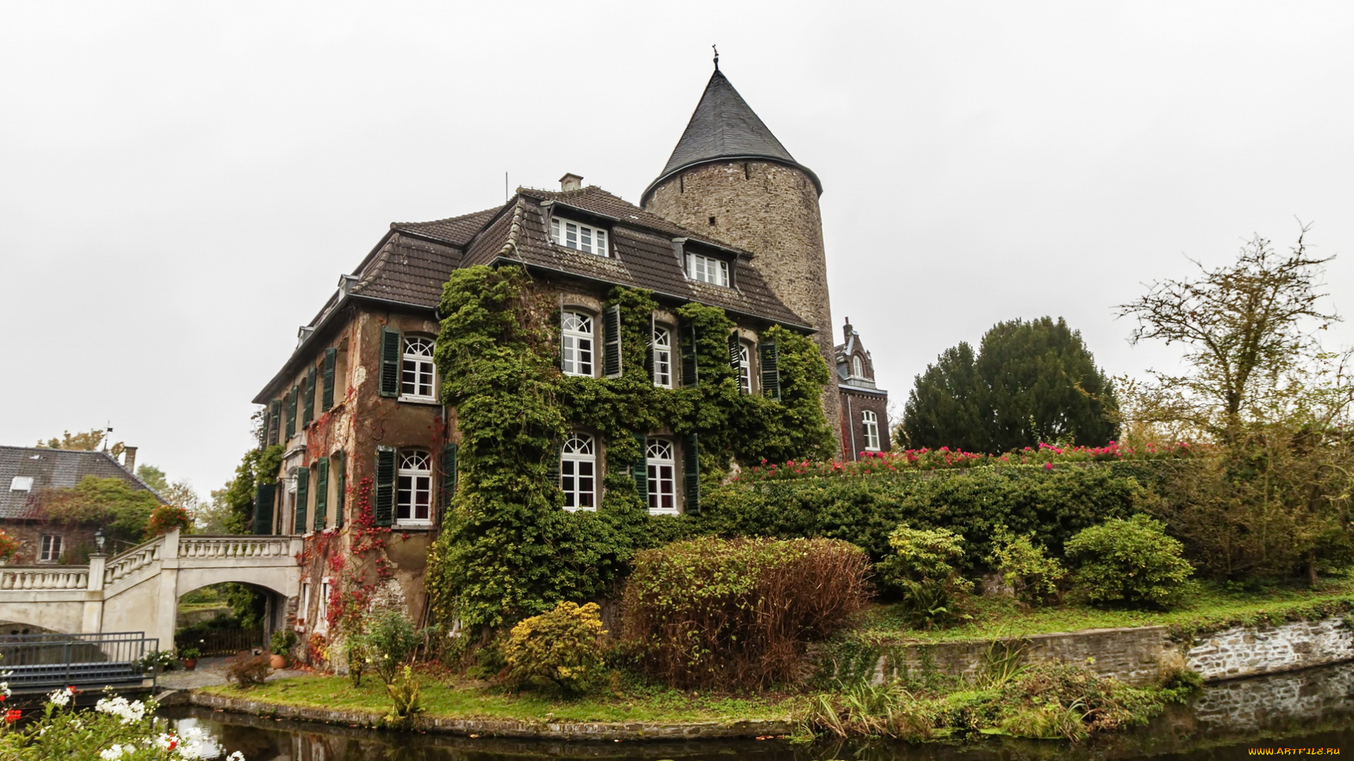 schloss, linnep, города, замки, германии, замок, река