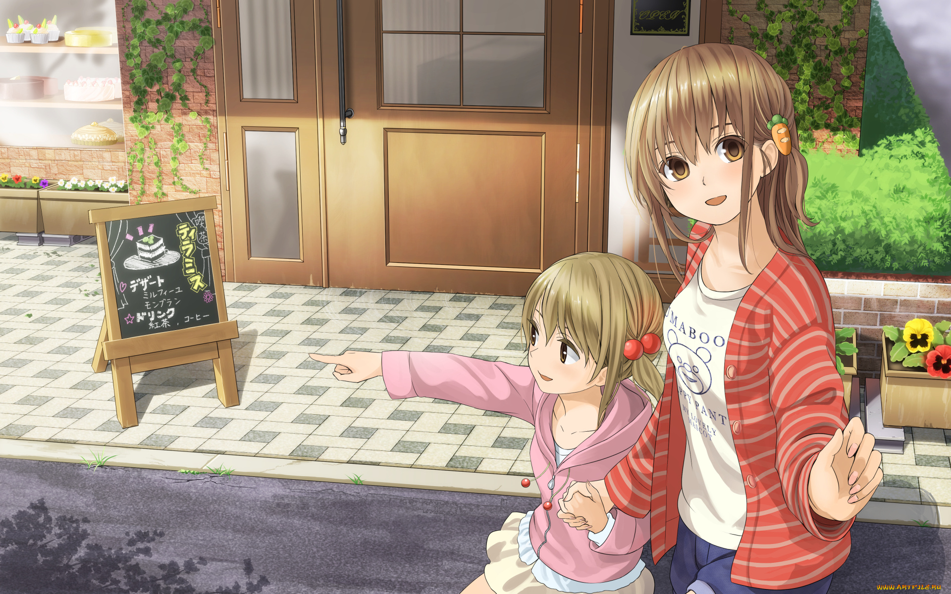 аниме, город, , улицы, , здания, мольберт, растение, кафе, девочки, yoropa