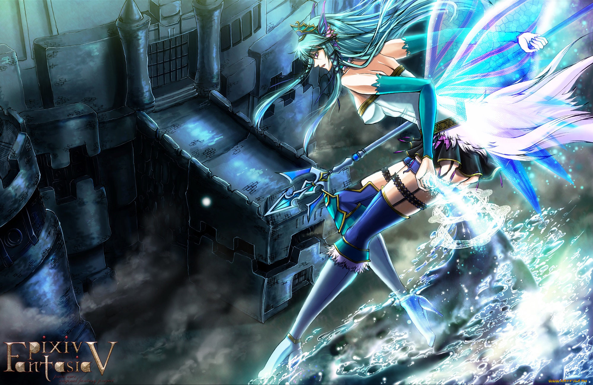 аниме, pixiv, fantasia, pixiv, fantasia, арт, tagme, artist, замок, девушка, магия, вода, копьё