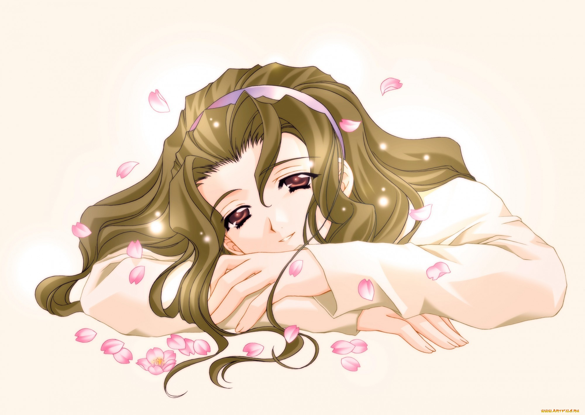 аниме, carnelian, лежа, девушка, арт, фон, лепестки
