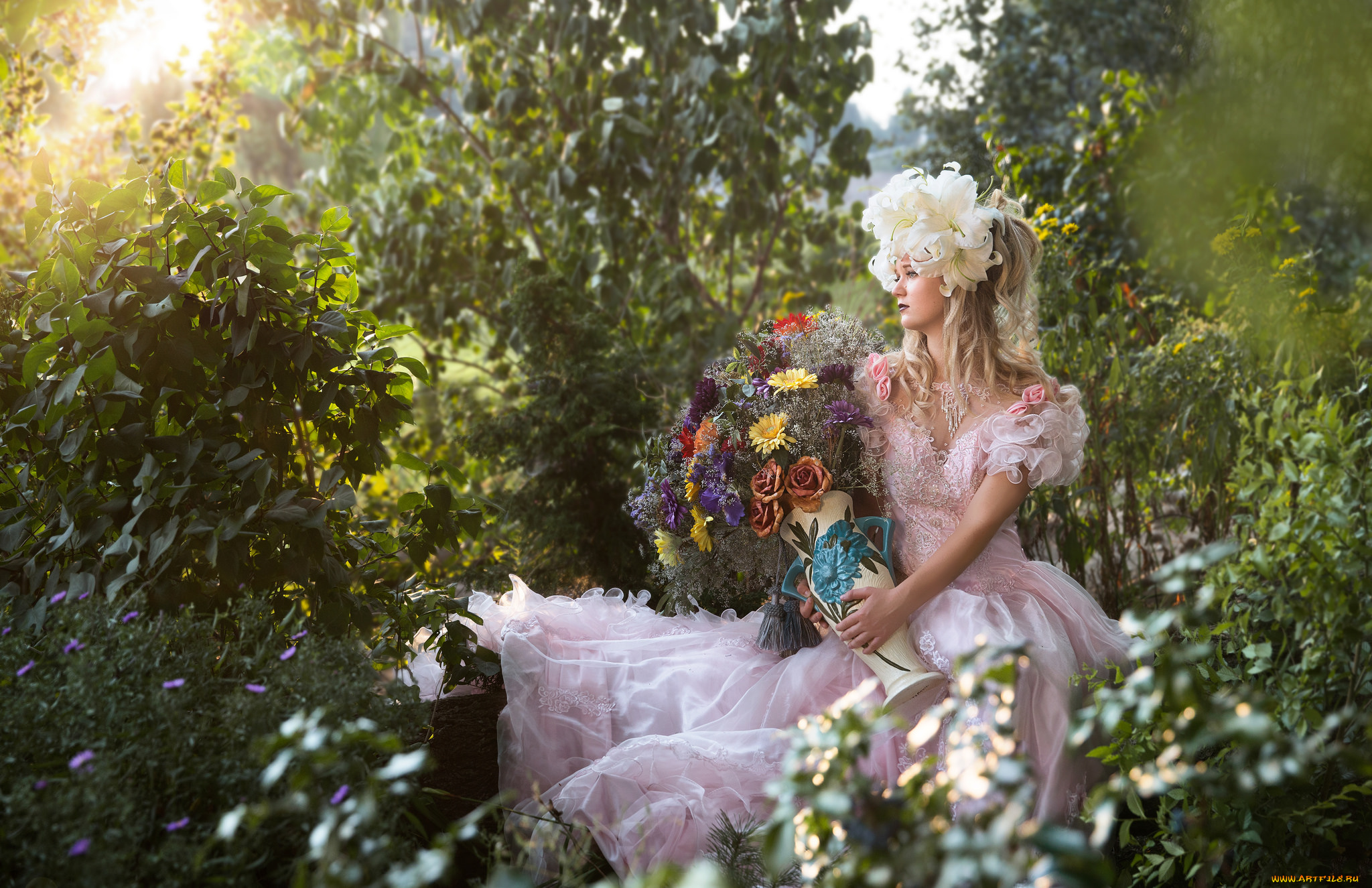 девушки, -unsort, , блондинки, цветы, ваза, букет, девушка, лето, растения