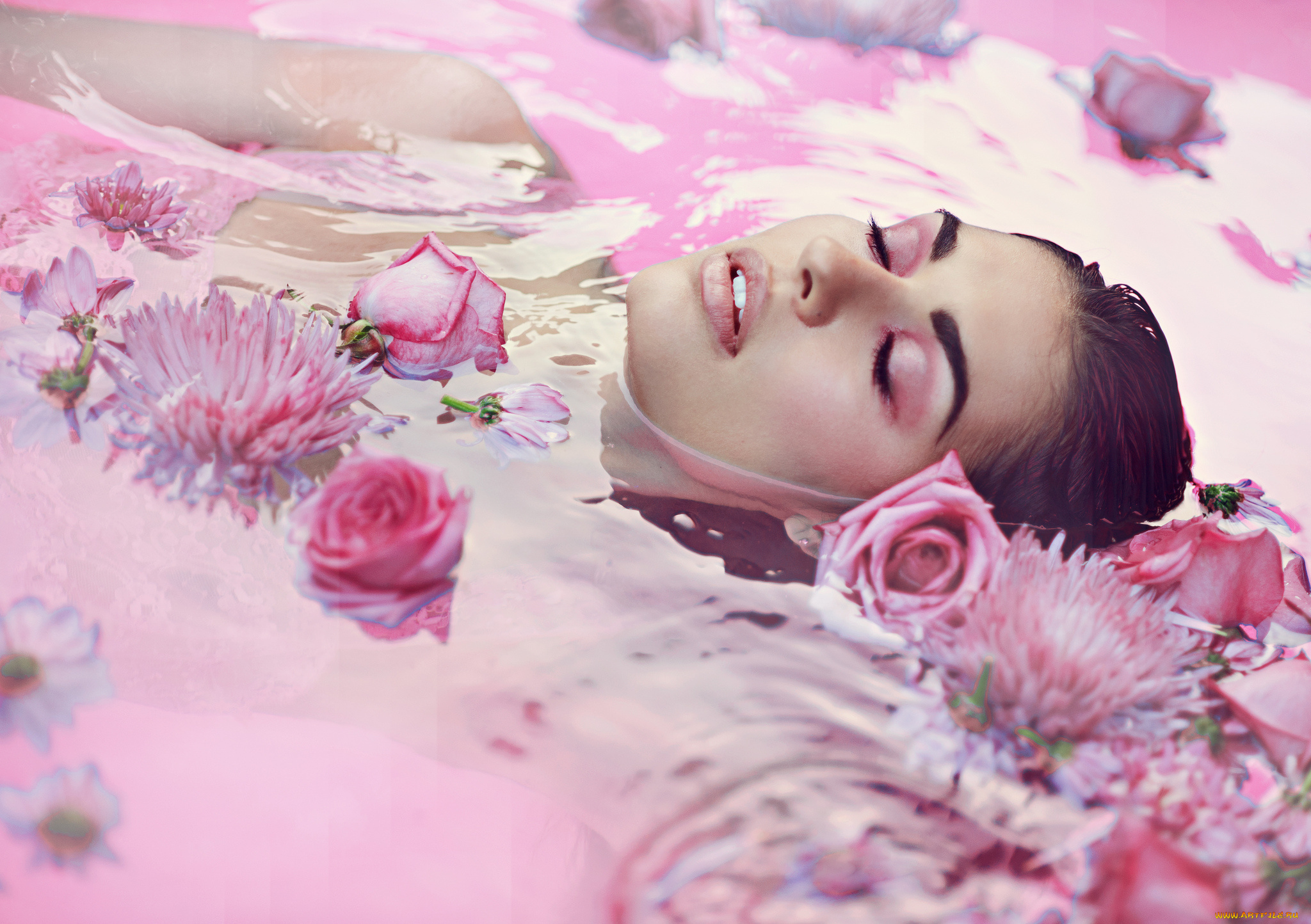 девушки, -unsort, , лица, , портреты, девушка, макияж, цветы, розы, астры, вода, лицо