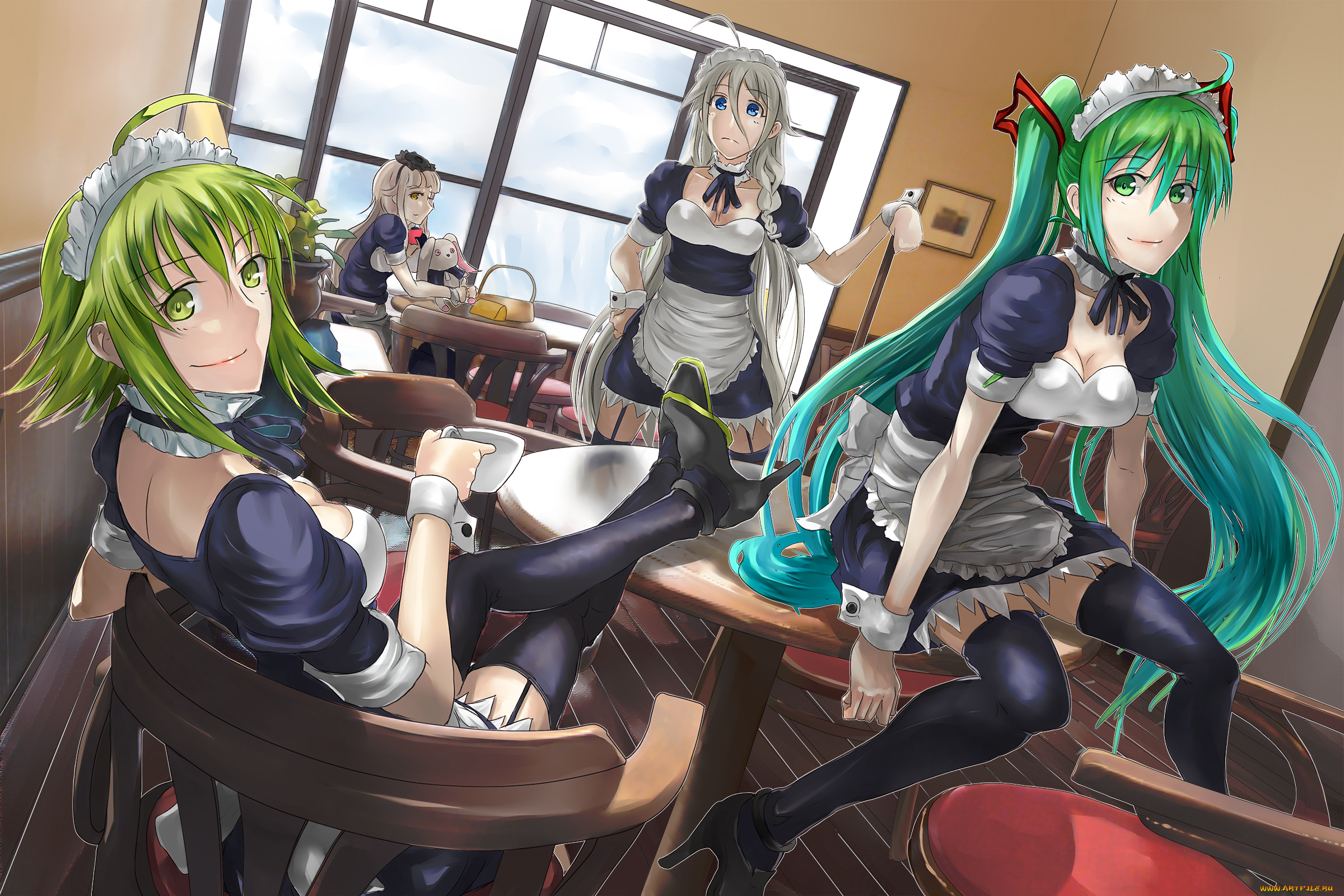 аниме, vocaloid, yuki, tarou, девушки, горничные, mayu, арт, hatsune, miku, gumi, окно, кафе, ia