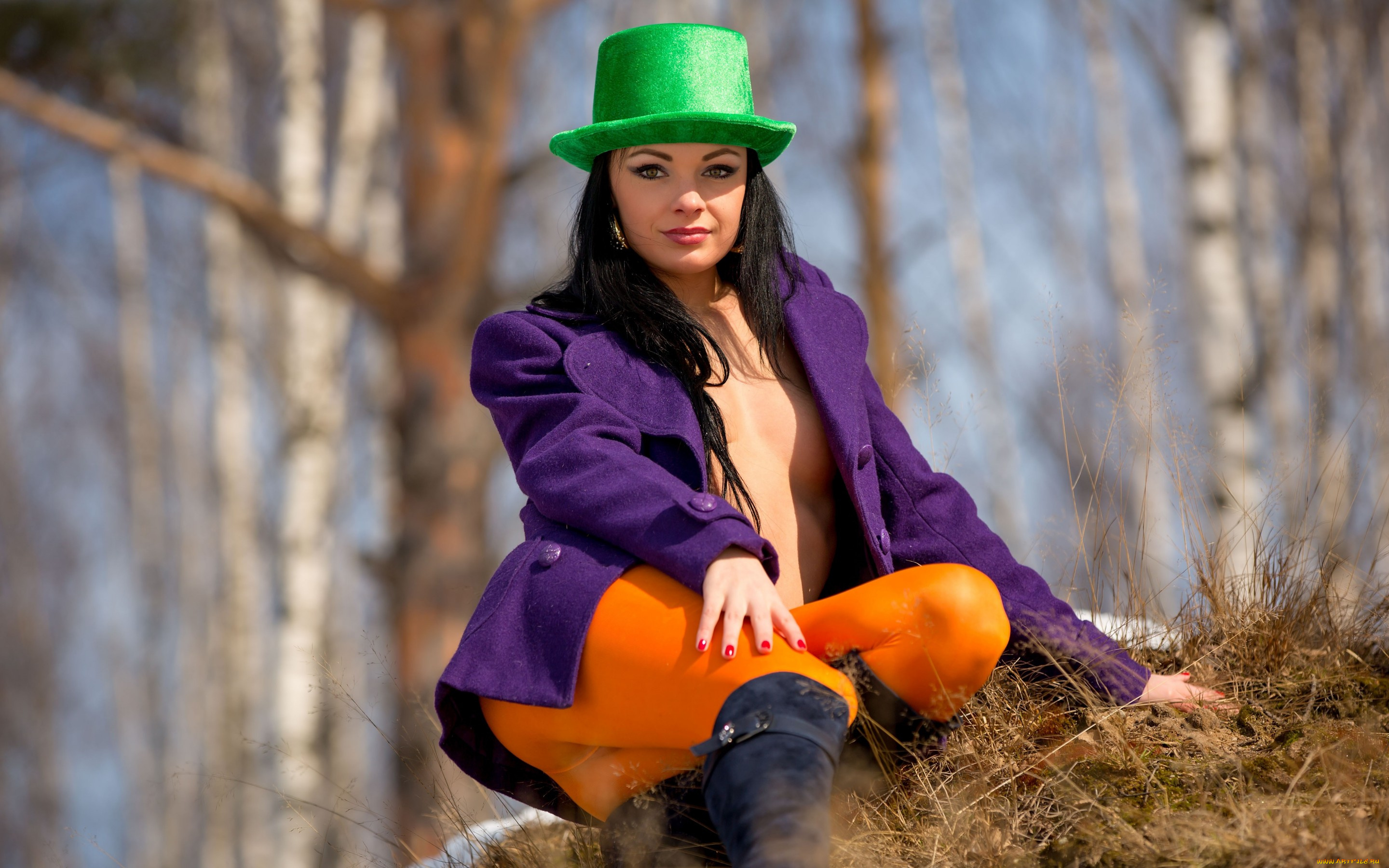 девушки, -unsort, , брюнетки, , шатенки, взгляд, шляпа, девушка, деревья, лес