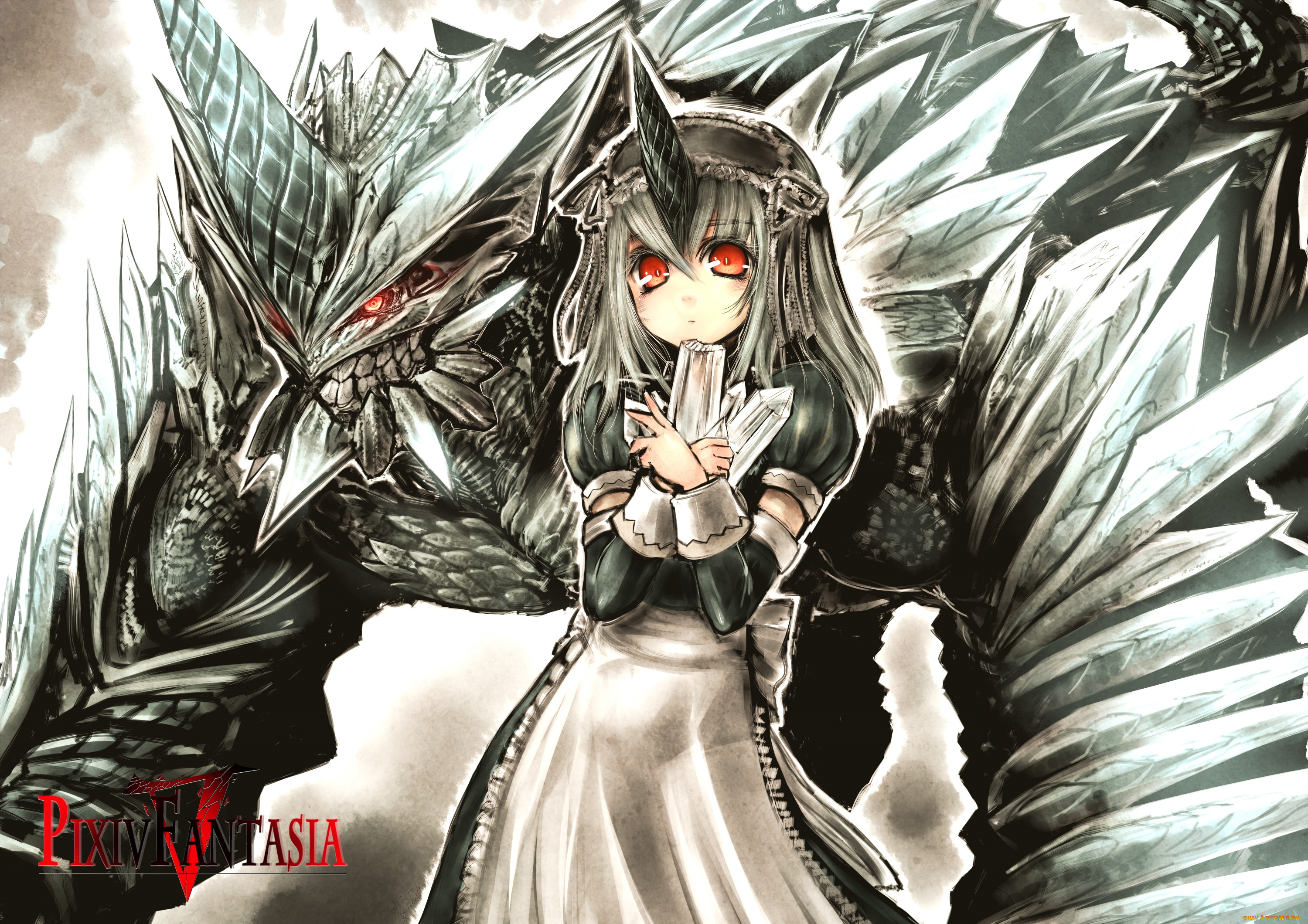 аниме, pixiv, fantasia, девушка, kotoba, noriaki, pixiv, fantasia, арт, дракон, кристаллы