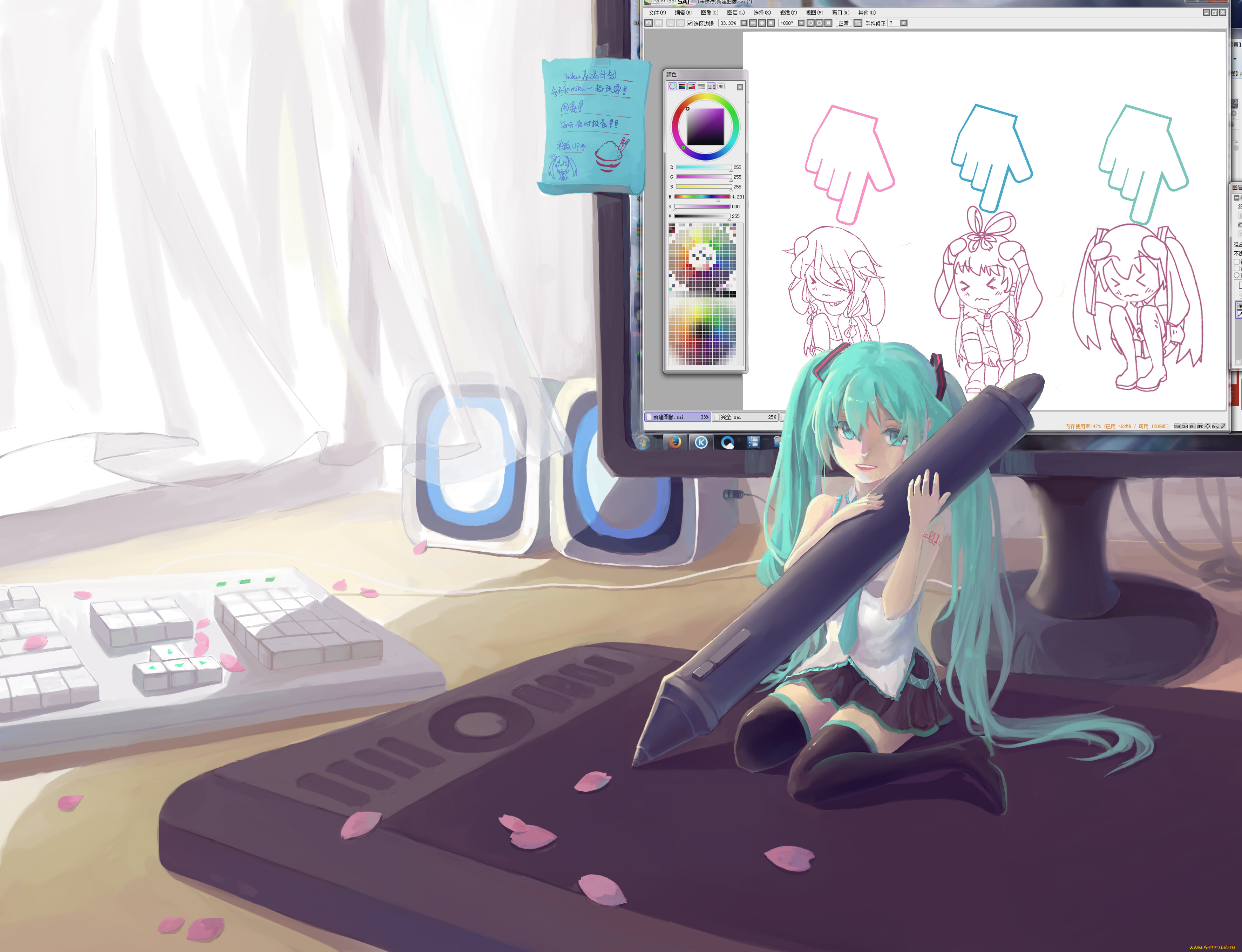 аниме, vocaloid, painttool, sai, hatsune, miku, девушка, монитор, арт, карандаш, редактор