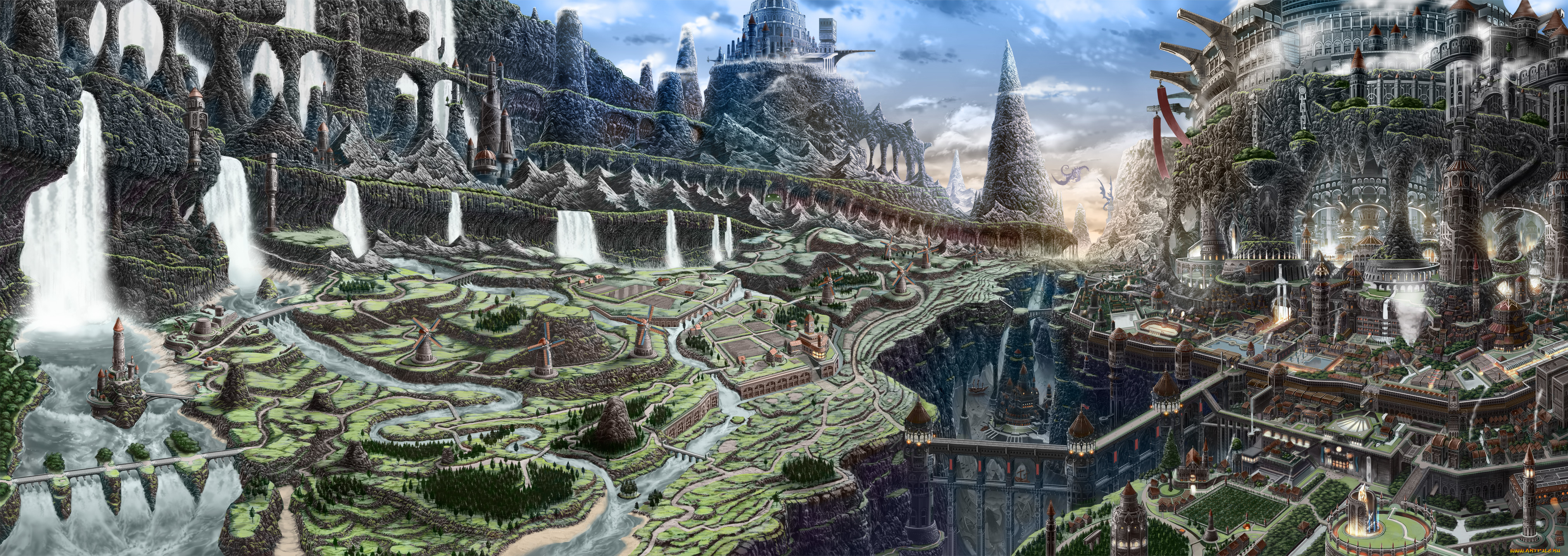 фэнтези, иные, миры, , иные, времена, дракон, водопады, арт, nagi, itsuki, город, горы, пейзаж, реки