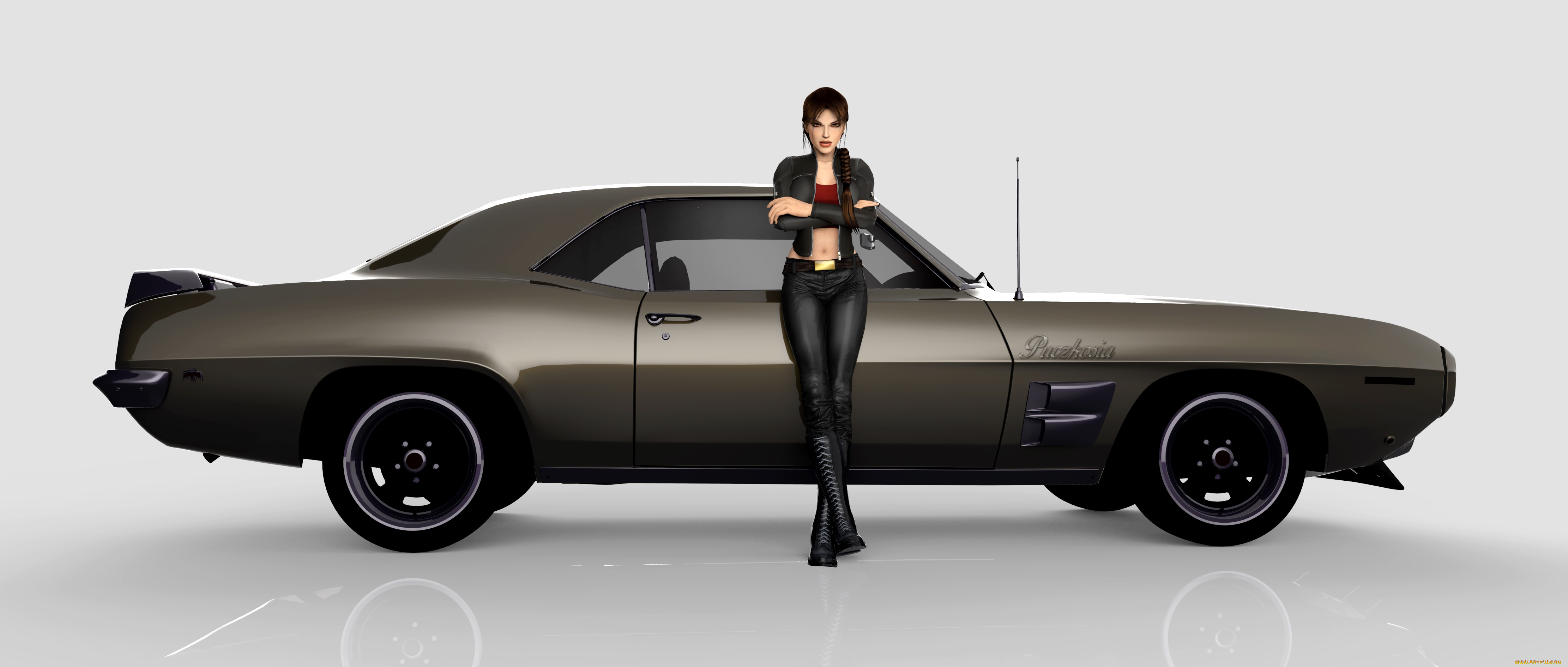 автомобили, 3d, car&girl, фон, взгляд, девушка, автомобиль