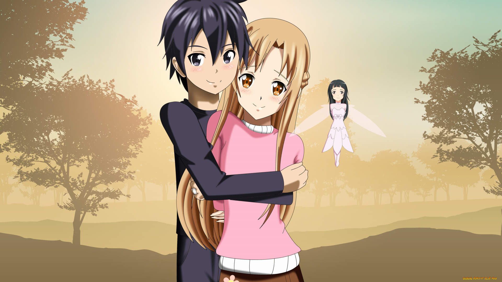 аниме, sword, art, online, парень, фон, девушка, взгляд