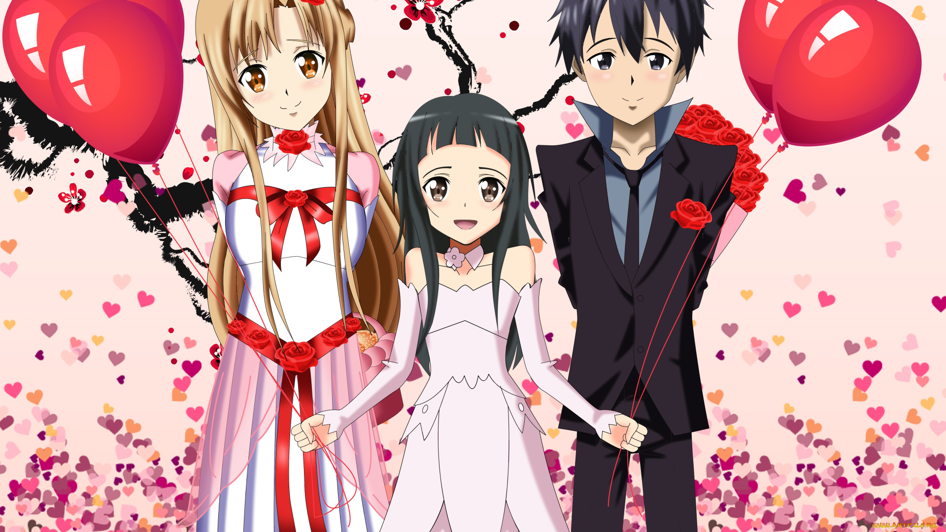 аниме, sword, art, online, парень, фон, взгляд, девушки