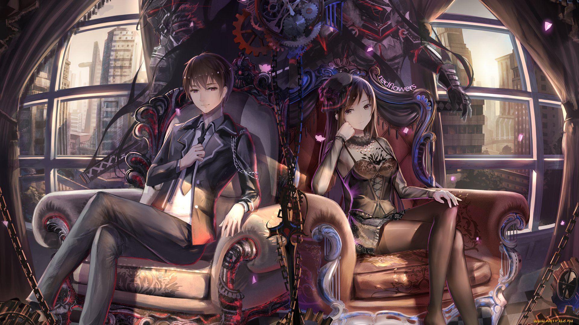 аниме, unknown, , другое, девушка, парень, фон, взгляд