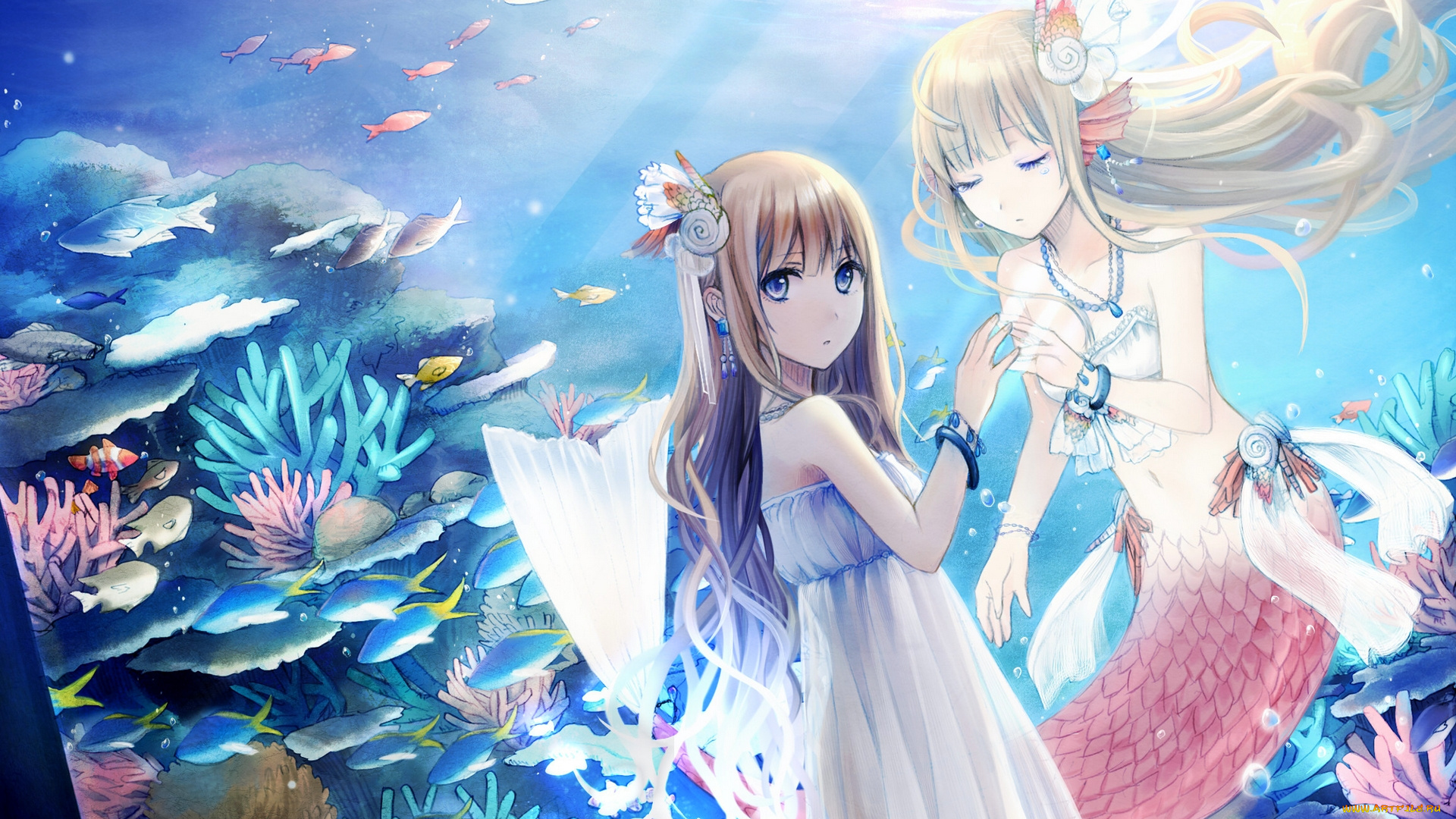 аниме, животные, , существа, арт, девочки, русалка