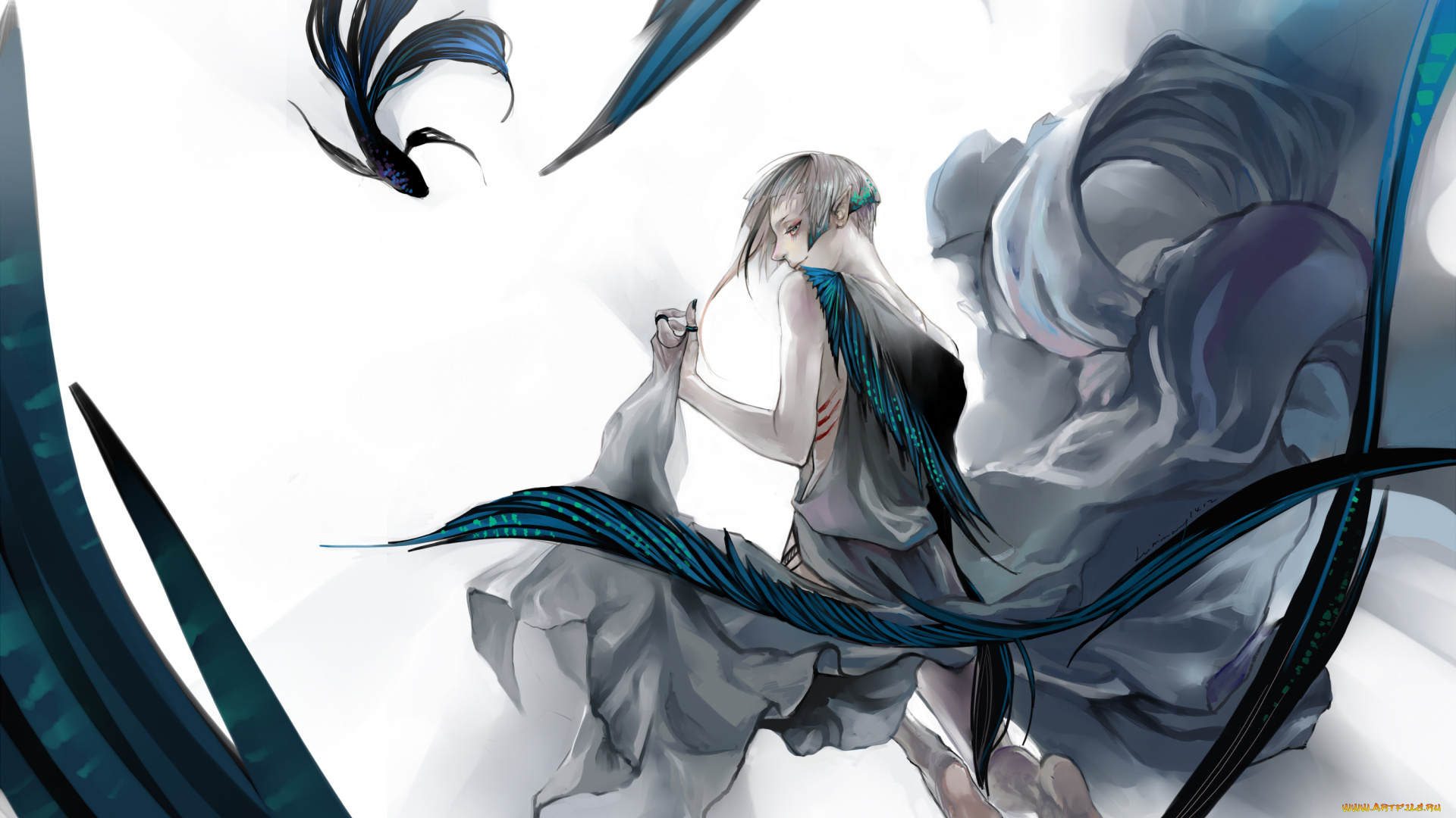 аниме, животные, , существа, парень, рыбы, русал