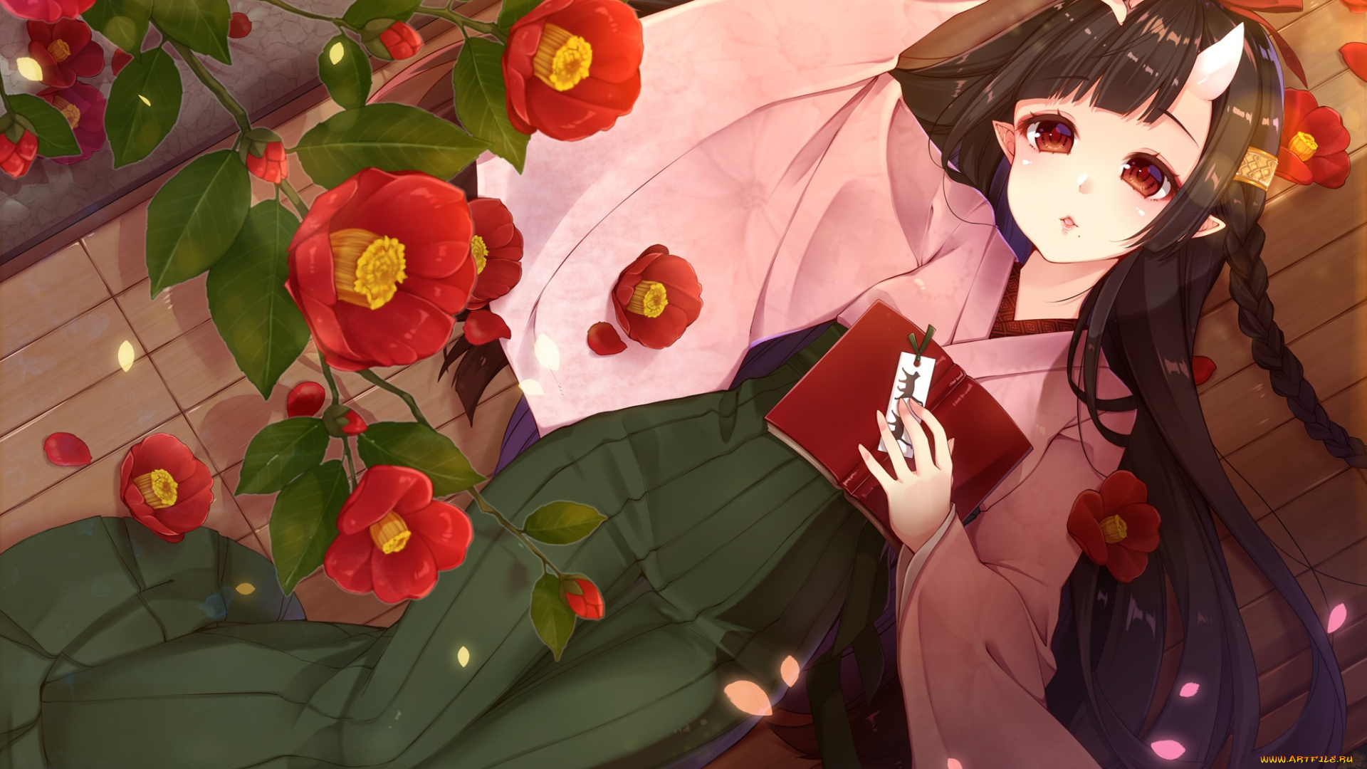 аниме, животные, , существа, sherypton, цветы, камелии, девочка, демон