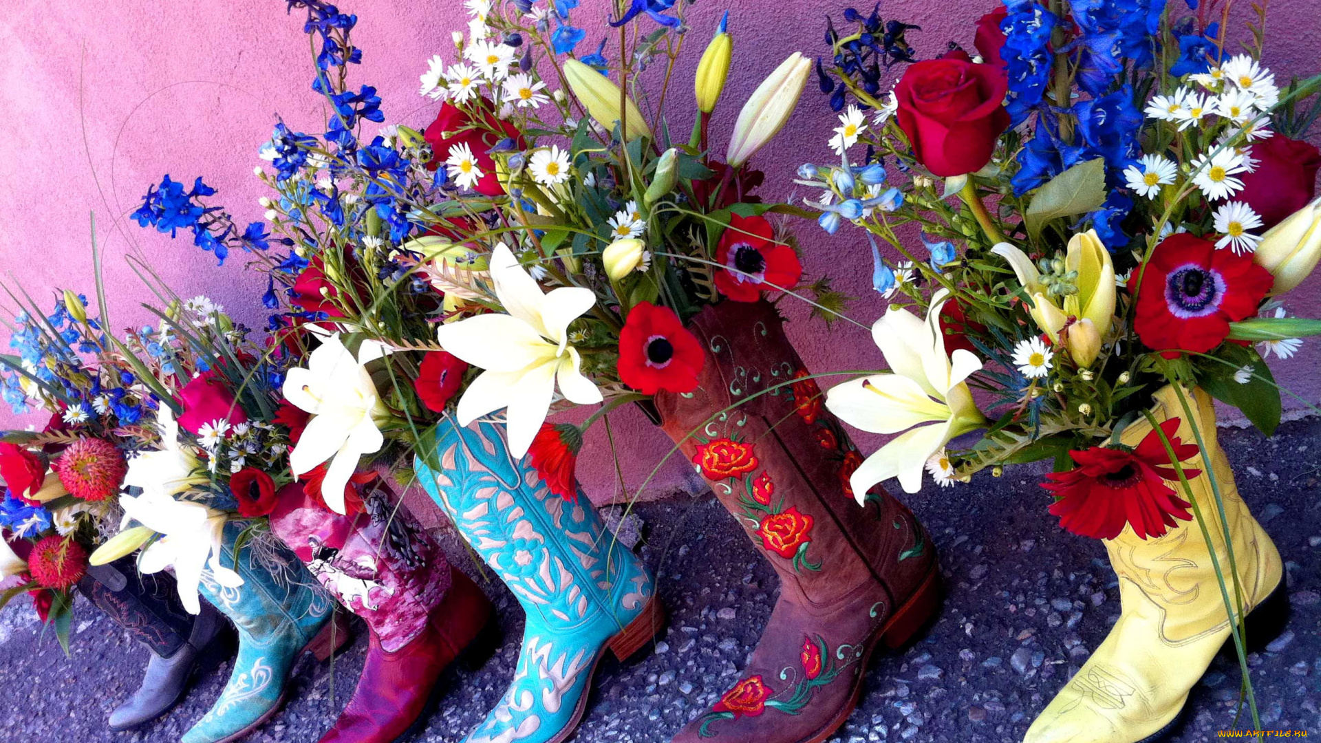 цветы, разные, вместе, сапоги, лилии, анемоны, розы, дельфиниум