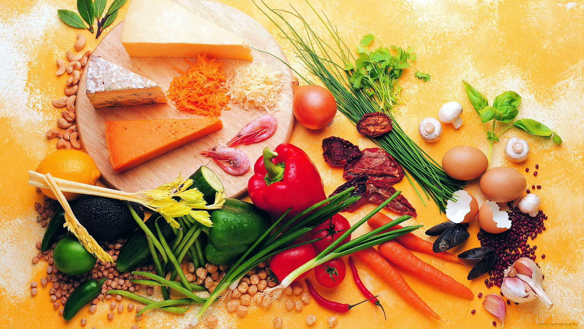 еда, разное, овощи, креветки, сыр