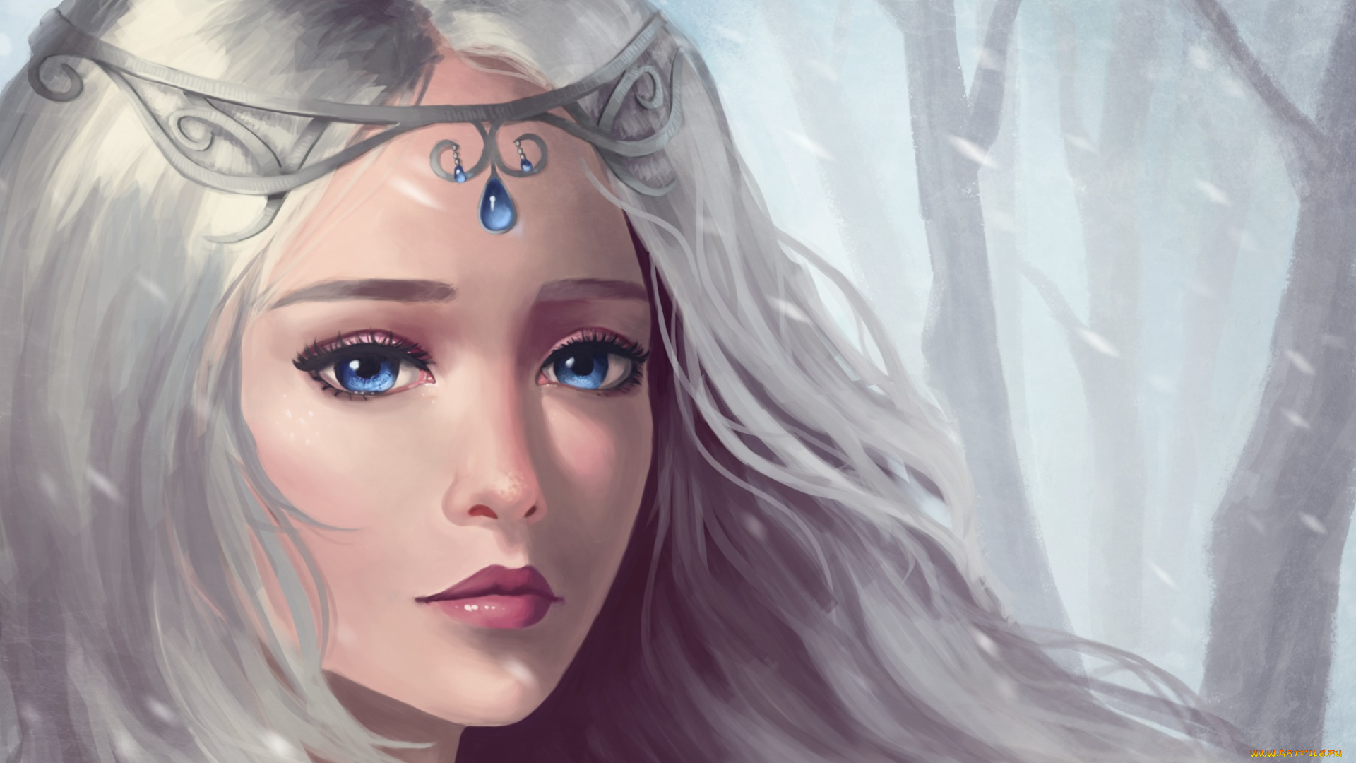 фэнтези, девушки, фэнтази, арт, девушка, взгляд, грусть, синие, глаза, волосы, украшение, снег