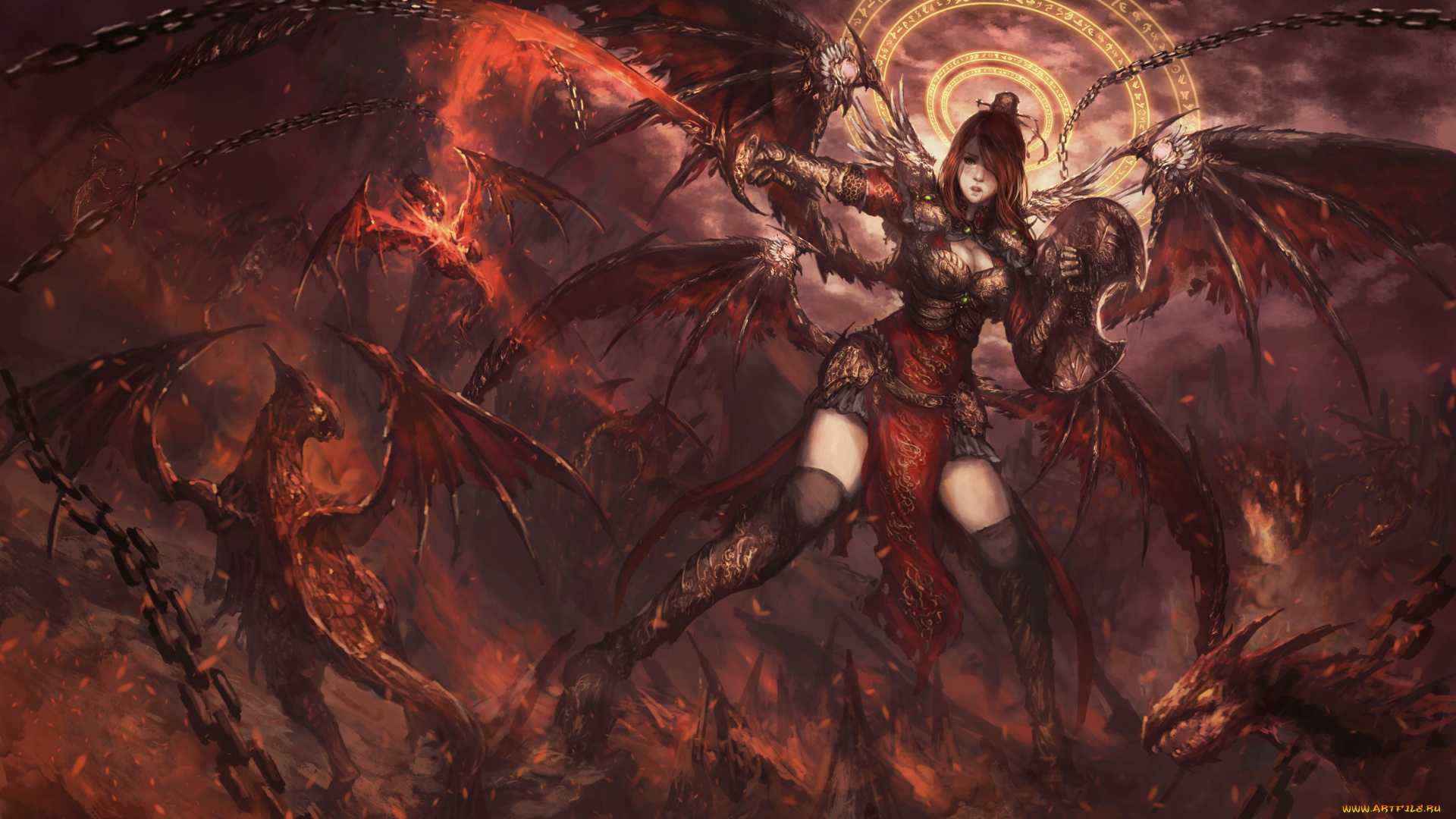 фэнтези, красавицы, и, чудовища, поза, меч, щит, крылья, демоница, девушка, арт, фантастика