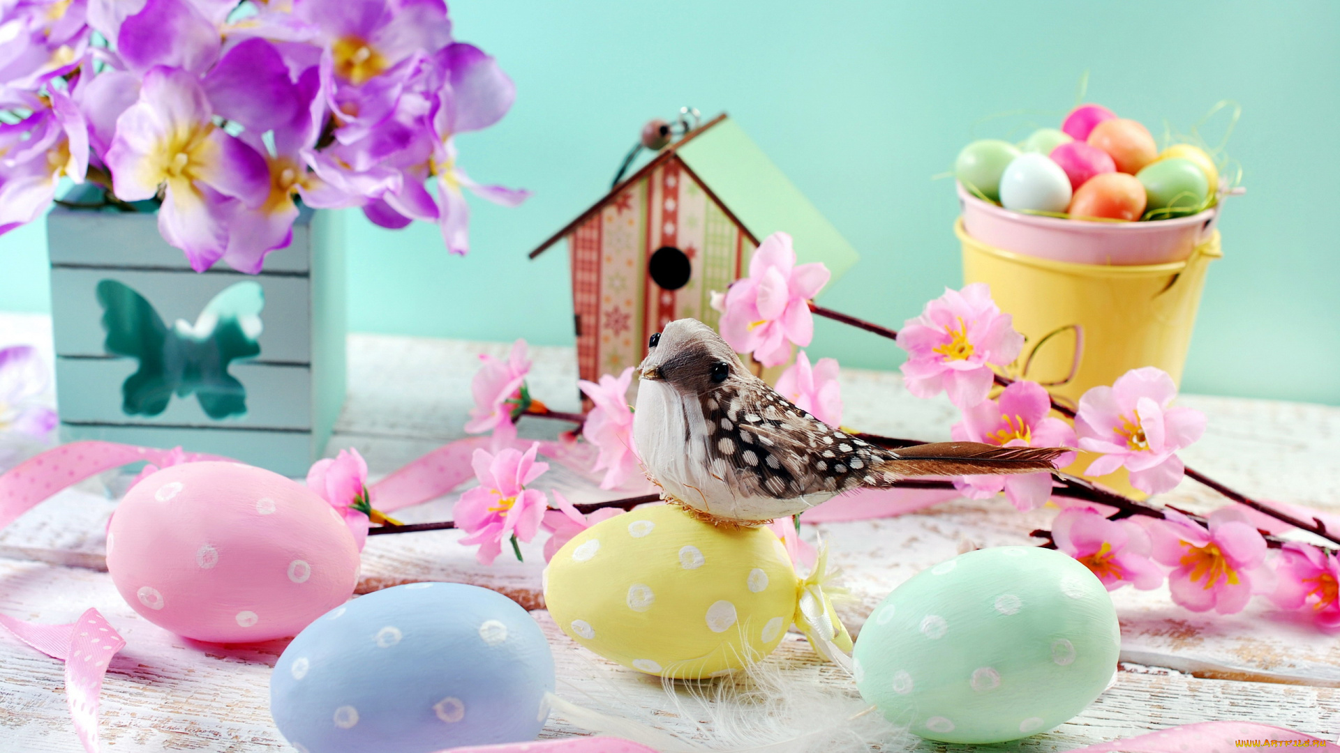 праздничные, пасха, птичка, гнездо, букет