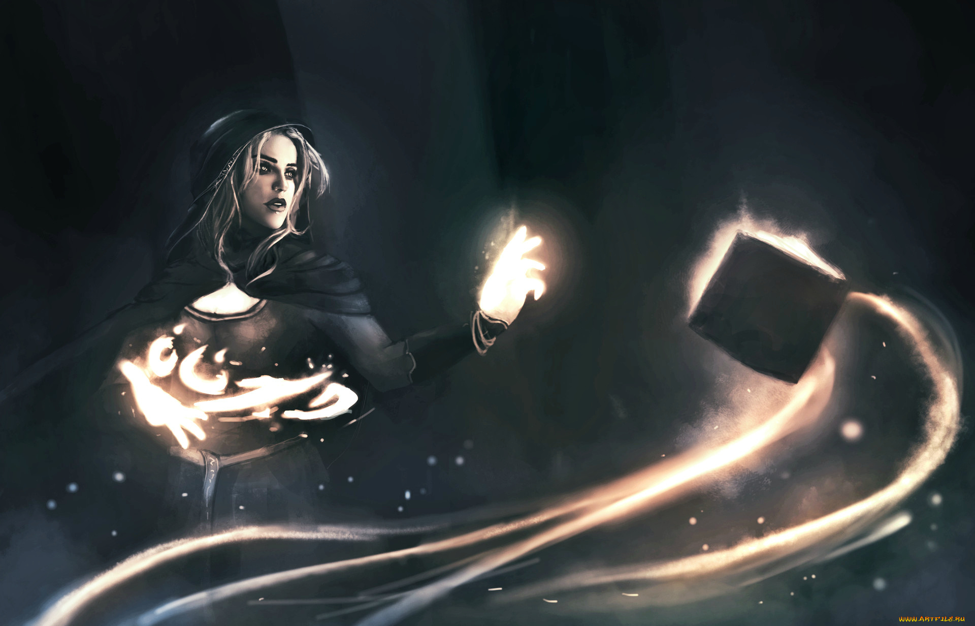 фэнтези, магия, фантастика, арт, девушка, взгляд, огонь, книга