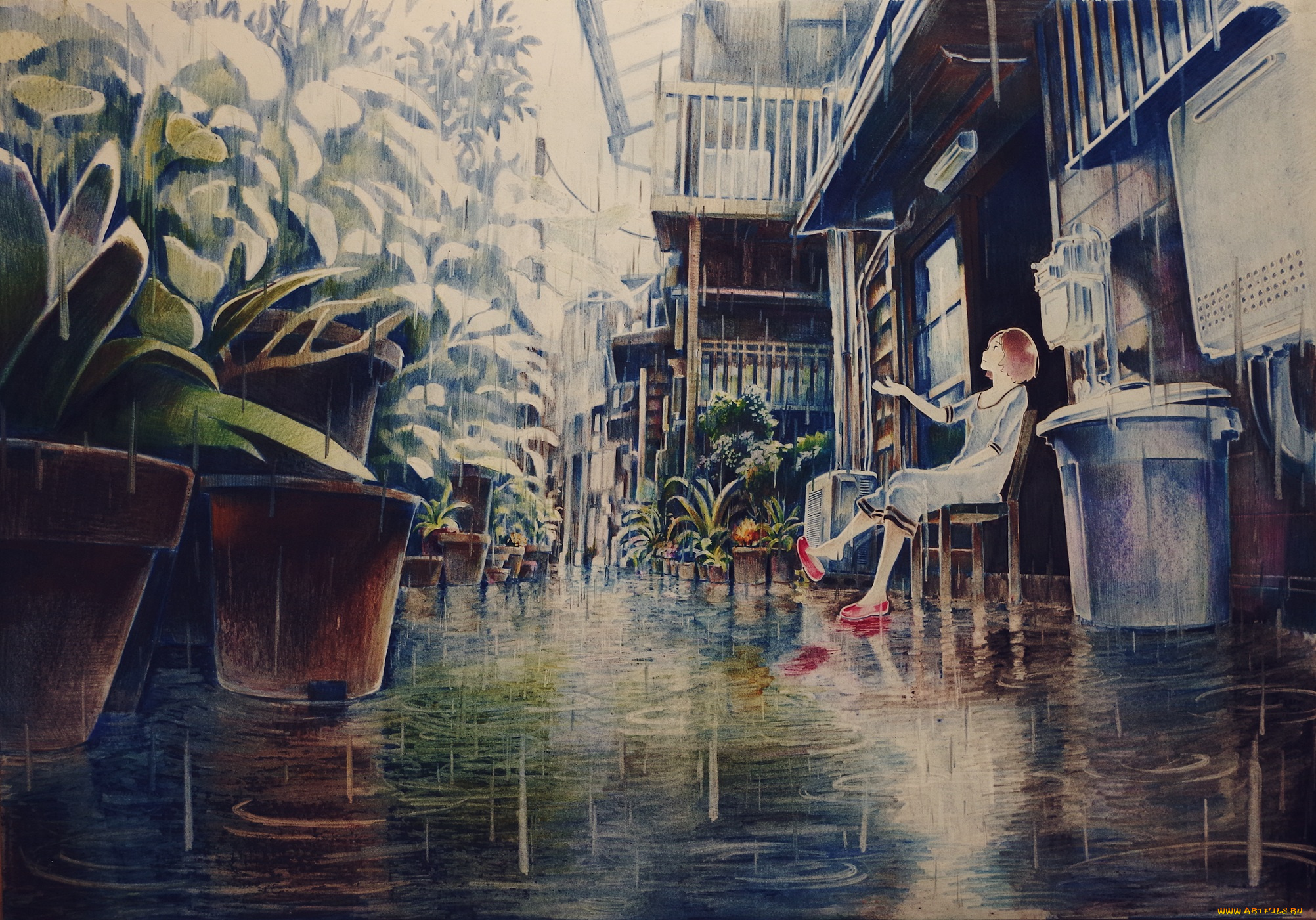 аниме, город, , улицы, , здания, дождь, девушка