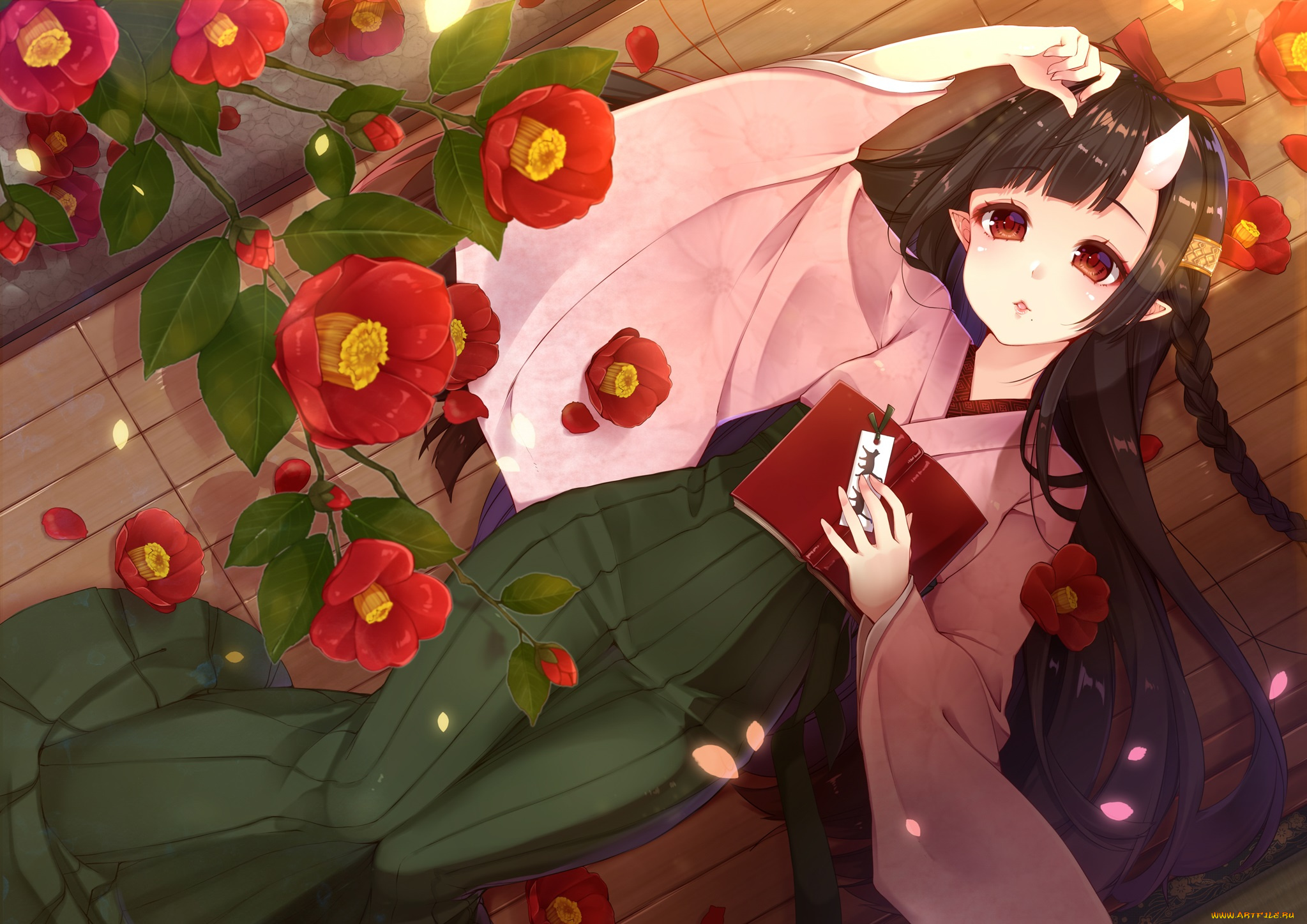 аниме, животные, , существа, sherypton, цветы, камелии, девочка, демон