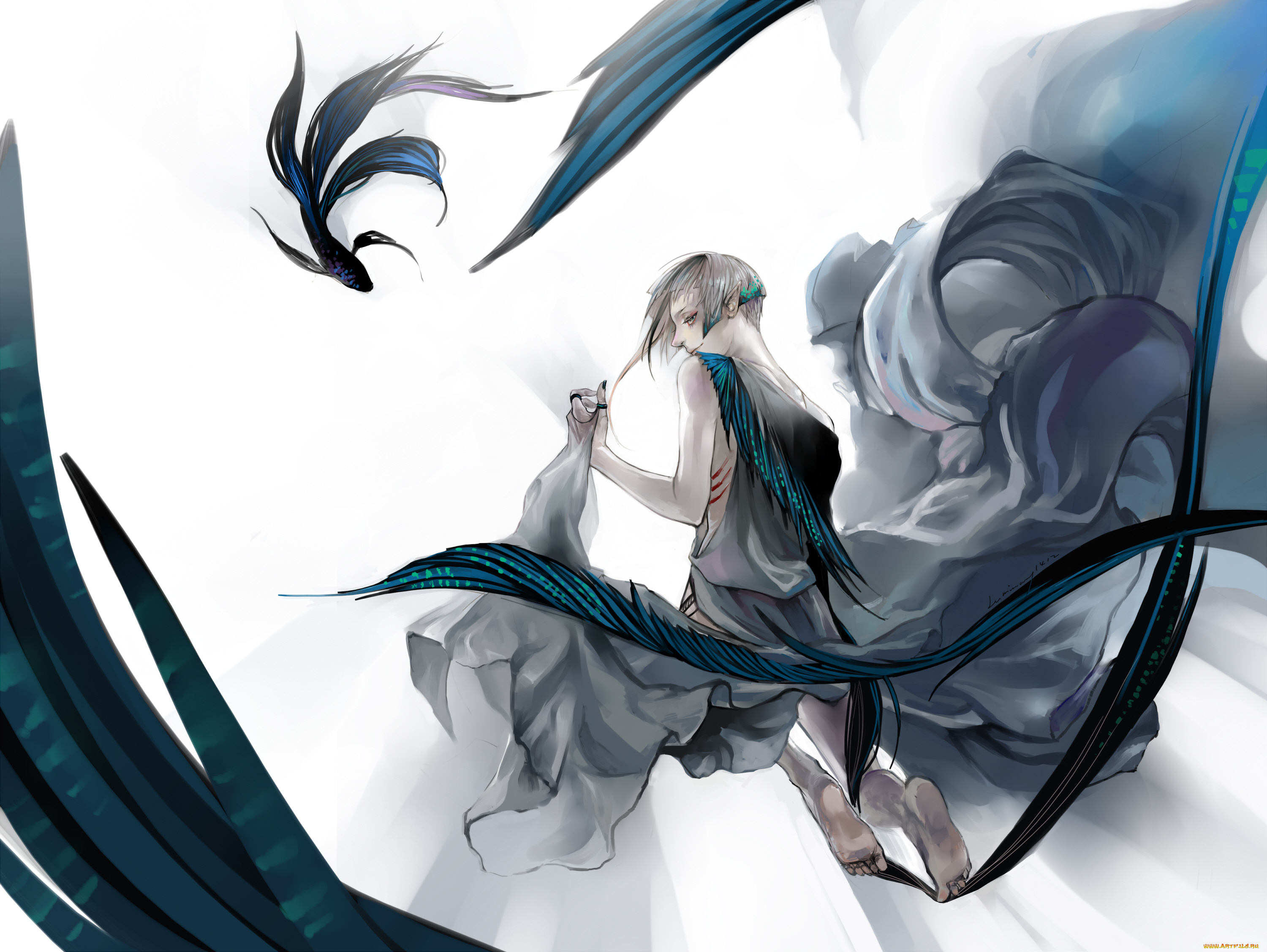 аниме, животные, , существа, парень, рыбы, русал