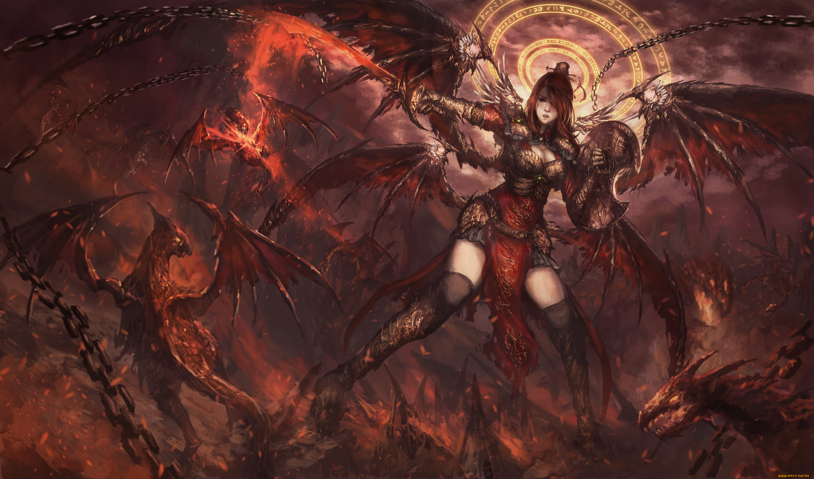 фэнтези, красавицы, и, чудовища, поза, меч, щит, крылья, демоница, девушка, арт, фантастика