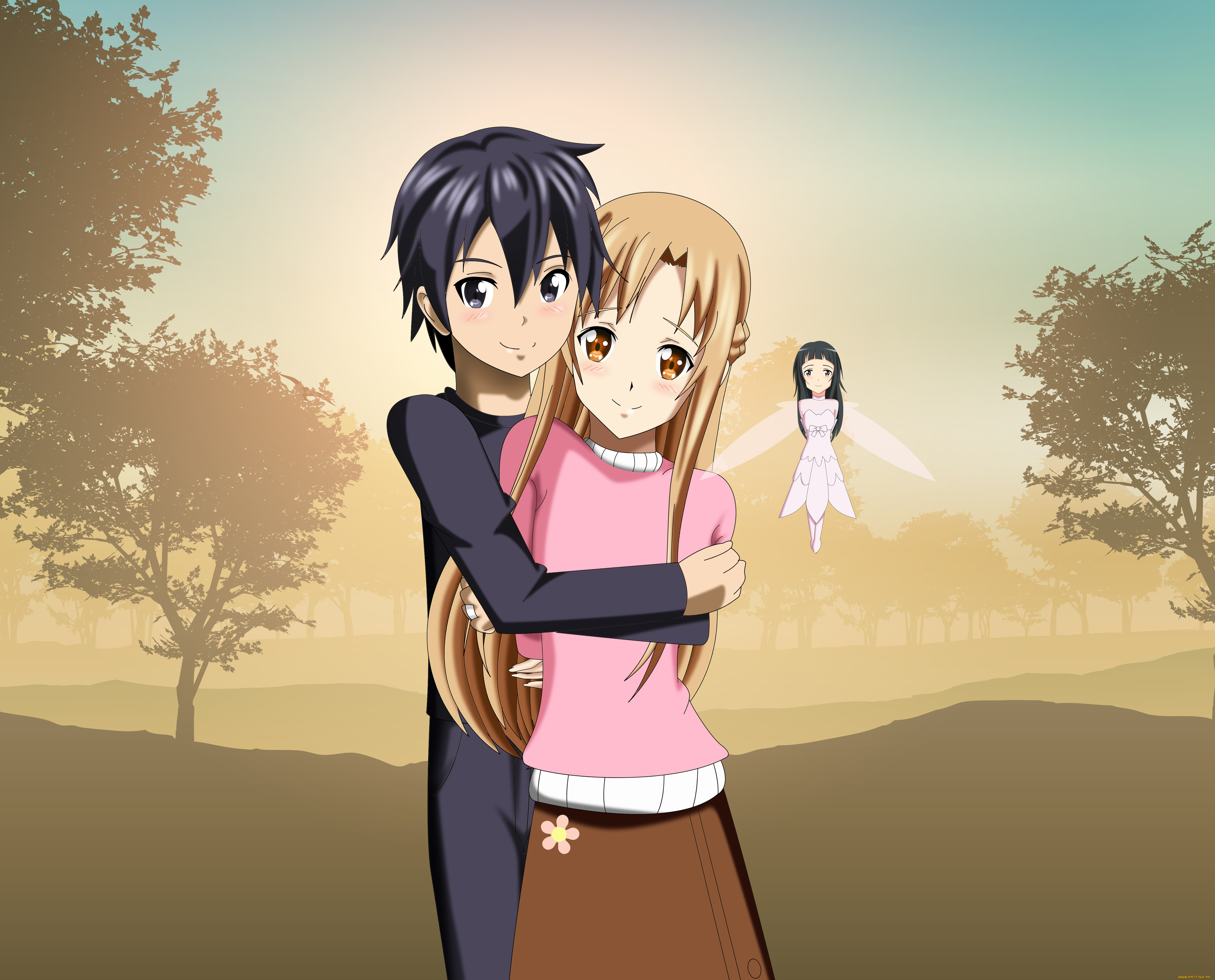 аниме, sword, art, online, парень, фон, девушка, взгляд