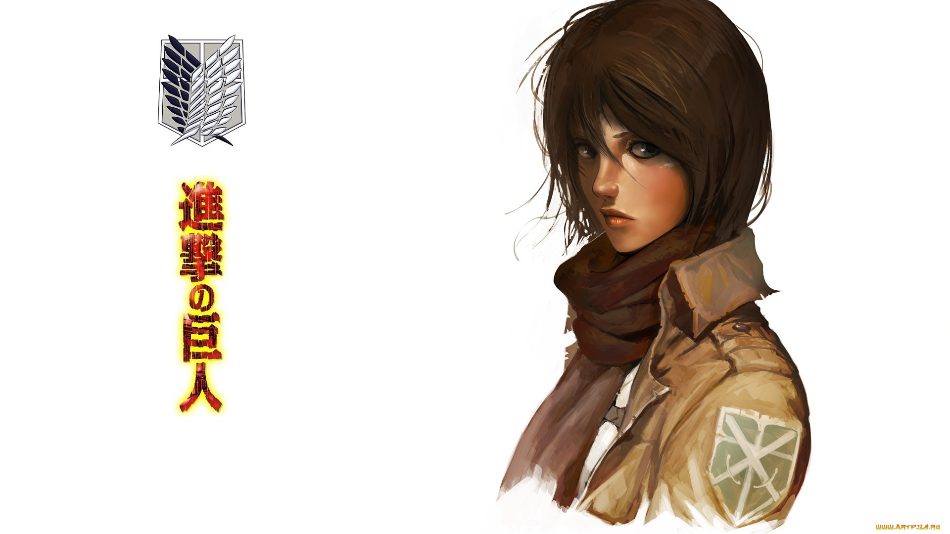 аниме, shingeki, no, kyojin, белый, фон, shingeki, no, kyojin, шарф, иероглифы, военная, форма, mikasa, ackerman, вторжение, гигантов, эмблема, лицо