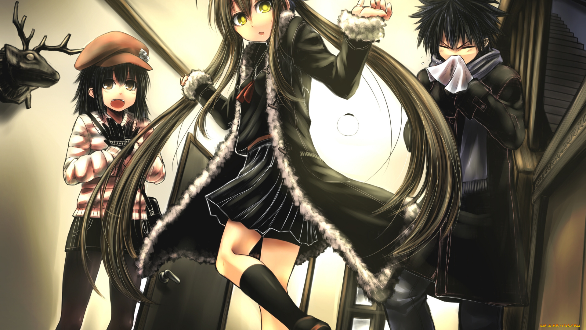 аниме, unknown, , другое, дверь, голова, платок, парень, девочки