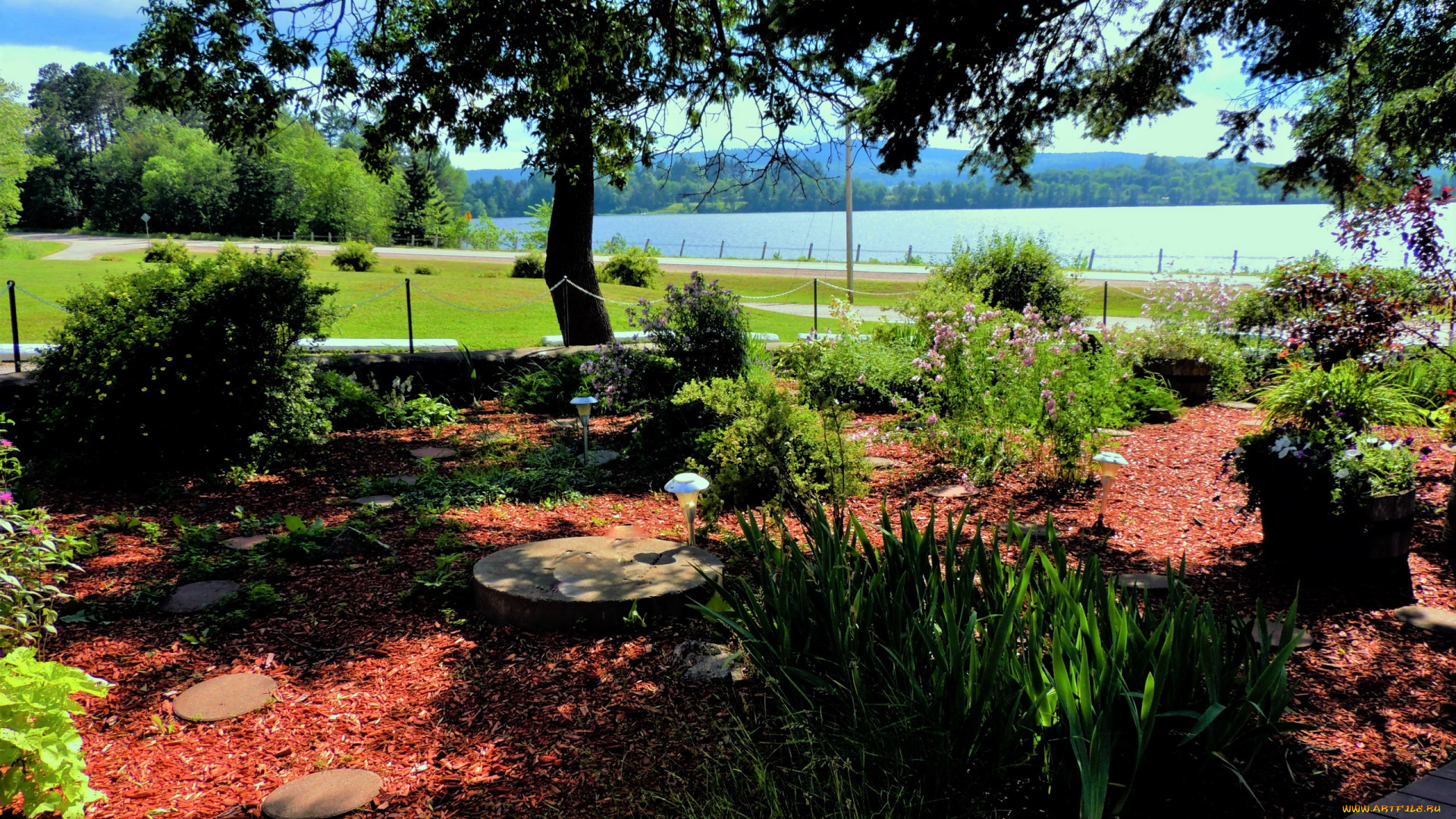 природа, парк, клумбы, фонари